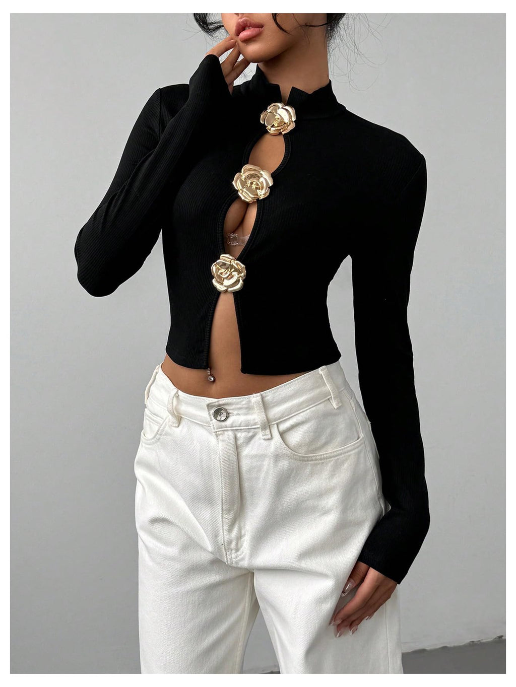 Women's Metallic 3D Floral Cut Out Tee Shirt Long Sleeve Mock Neck Crop Top