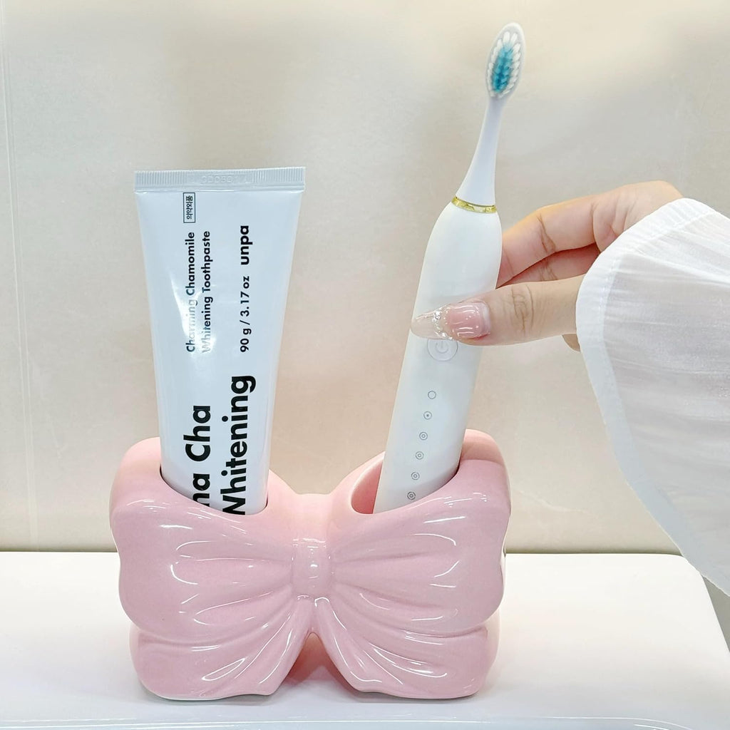 Toothbrush Holders for Bathrooms, Cute Ceramic Toothbrush Organizer and Toothpaste Holder/Toothbrush Stand Bow Pink Toothbrush Holder