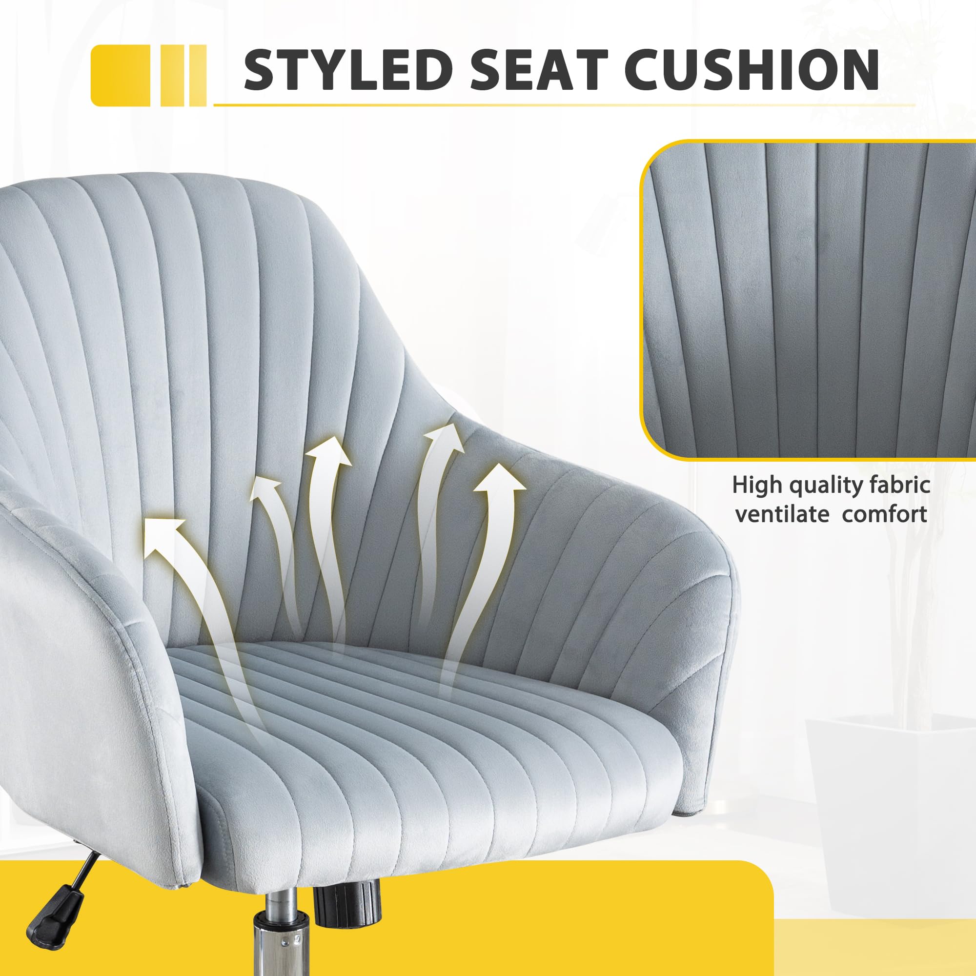 Modern Vanity Velvet Adjustable Low Back Rolling Chair, Twill Upholstered Cute Chair with Wheels