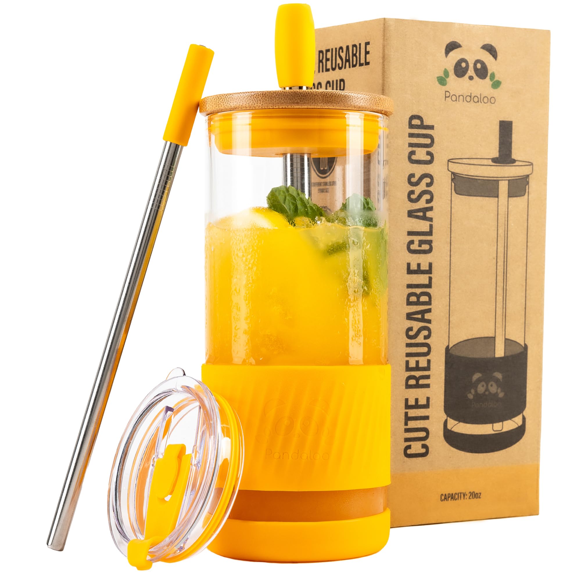 Pandaloo® Glass Cups With Lids and Straws -20 Fl Oz- Perfect Size Iced Coffee Cup - Smoothie Cup With Bamboo Lid and On the go Lid - Glass Tumbler With Straw