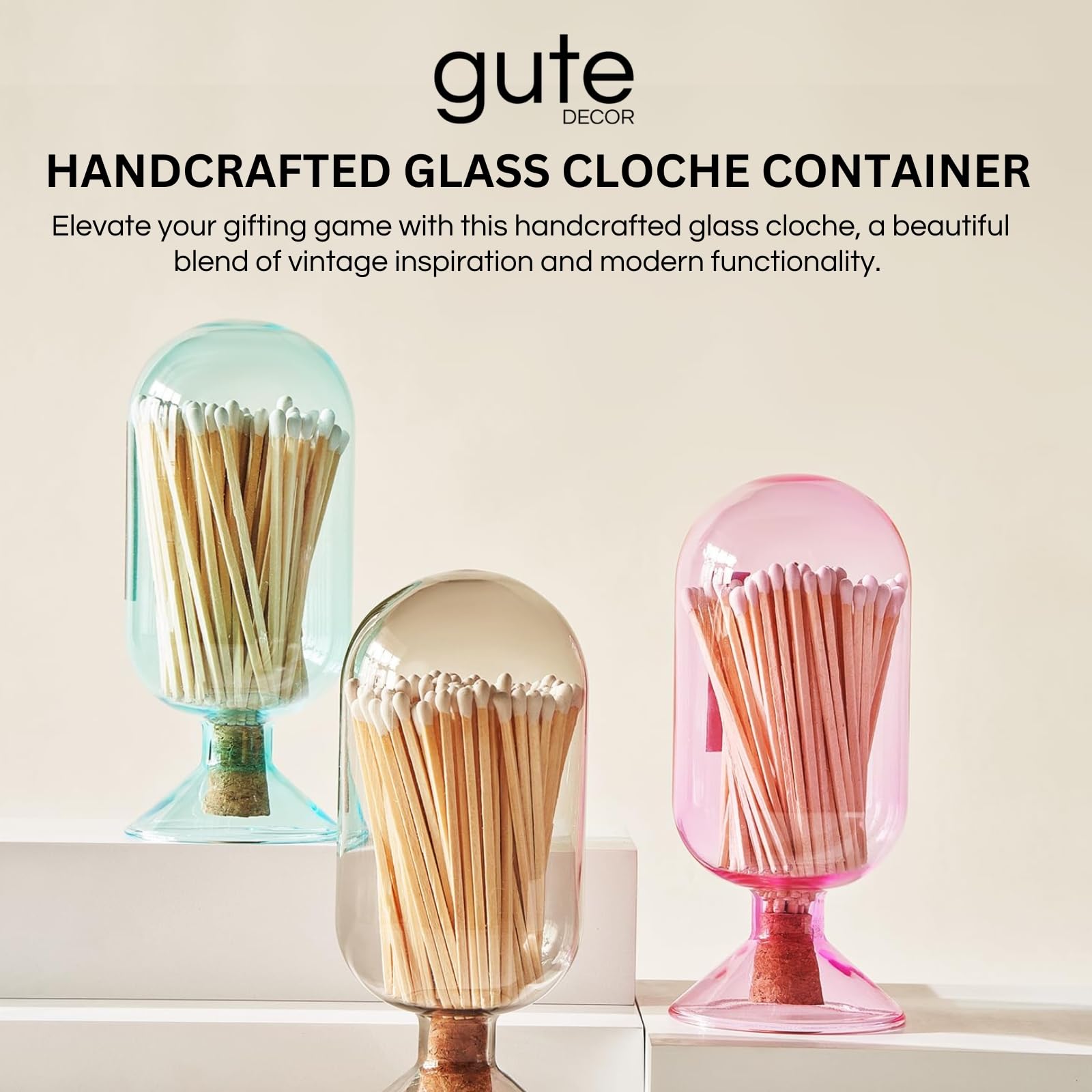 Includes 100 Match Sticks Glass Match Cloche with Striker - with Cork Stopper - 6.7" H X 3"