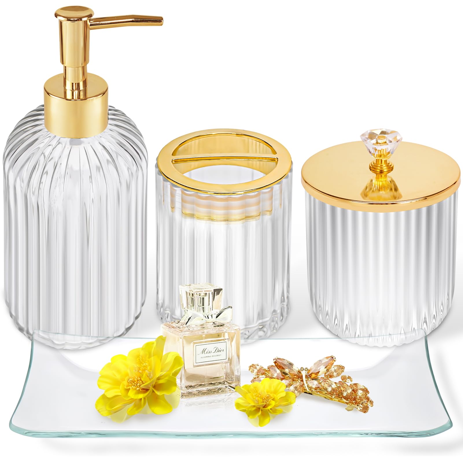 Glass Bathroom Accessories Set 4PCS Bathroom Accessories Set with Soap Dispenser Toothbrush Holder Qtip Holder & Vanity Tray