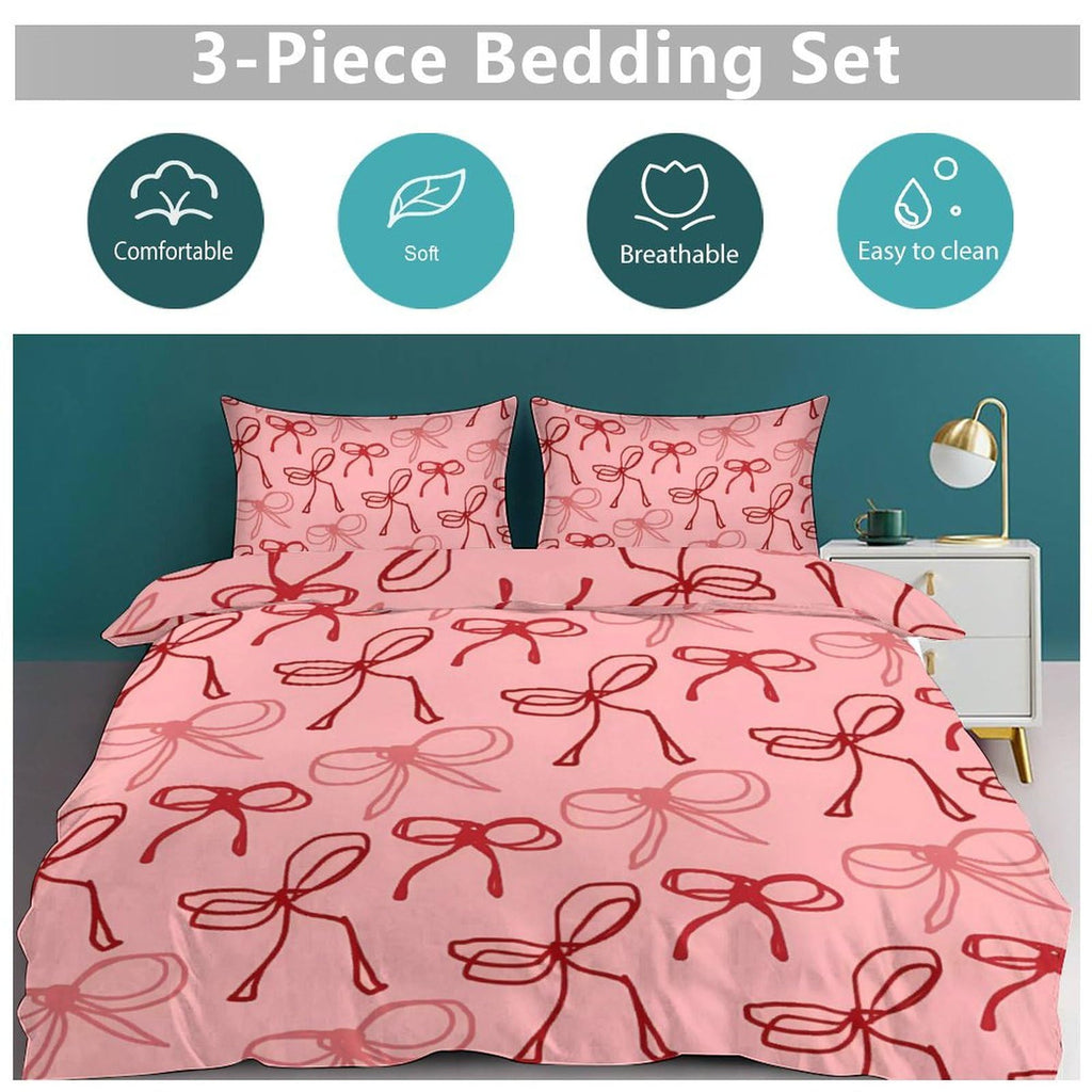 Pink Red Bow Comforter Set Duvet Cover Quilt Cover Set Ultra Soft Bed Cover (1 Duvet Cover+2 Pillowcases)