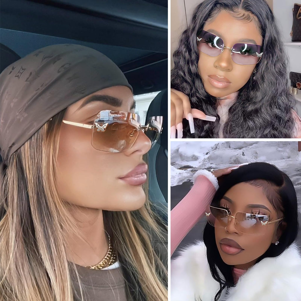 Rimless Rectangle Y2k Sunglasses Cute Small Clear Frameless Tinted Lens 2000S Fashion Shades Butterfly