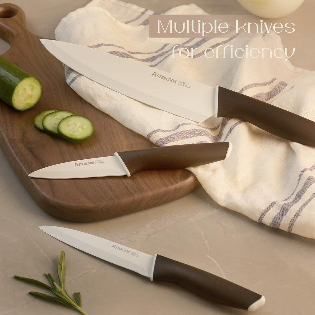 Colorful Kitchen Knives Set with Block and Sharpener Ceramic Coating 15 Pcs German Stainless Steel Knives Sharp Blade Dishwasher Safe Knife Block Set with Ergonomic Handle