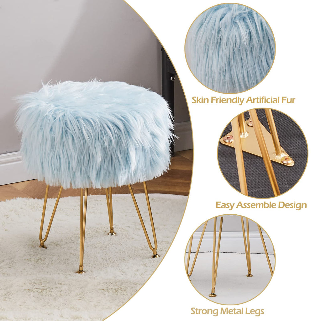Faux Fur Storage Ottoman Round Furry Vanity Stool Marble Grain Tray Coffee Table Compact Footrest Stool with 4 Metal Legs Soft Makeup Seat Foot Stools for Living Room Bedroom Entryway