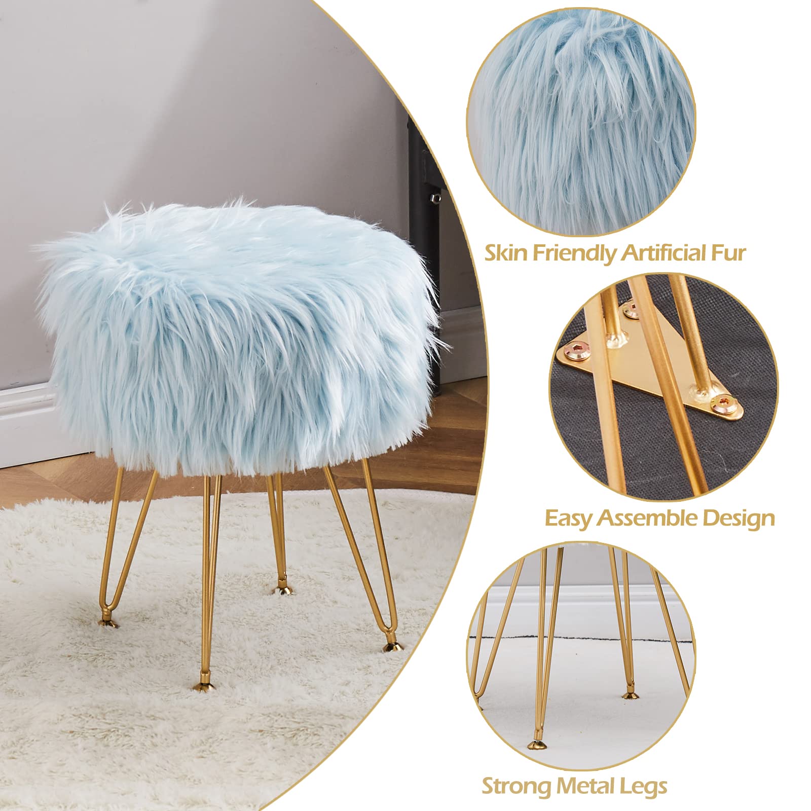 Faux Fur Storage Ottoman Round Furry Vanity Stool Marble Grain Tray Coffee Table Compact Footrest Stool with 4 Metal Legs Soft Makeup Seat Foot Stools for Living Room Bedroom Entryway