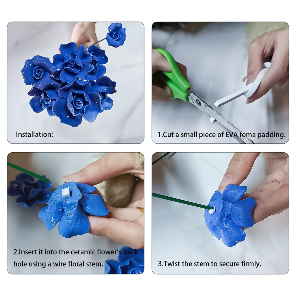 Handmade Ceramic Roses with Vase Set - 8 Artificial Porcelain Flowers and Modern Vase, Non-Fade Wedding Table Centerpiece, Eco-Friendly Home Décor for Living Room, Gift Box Included