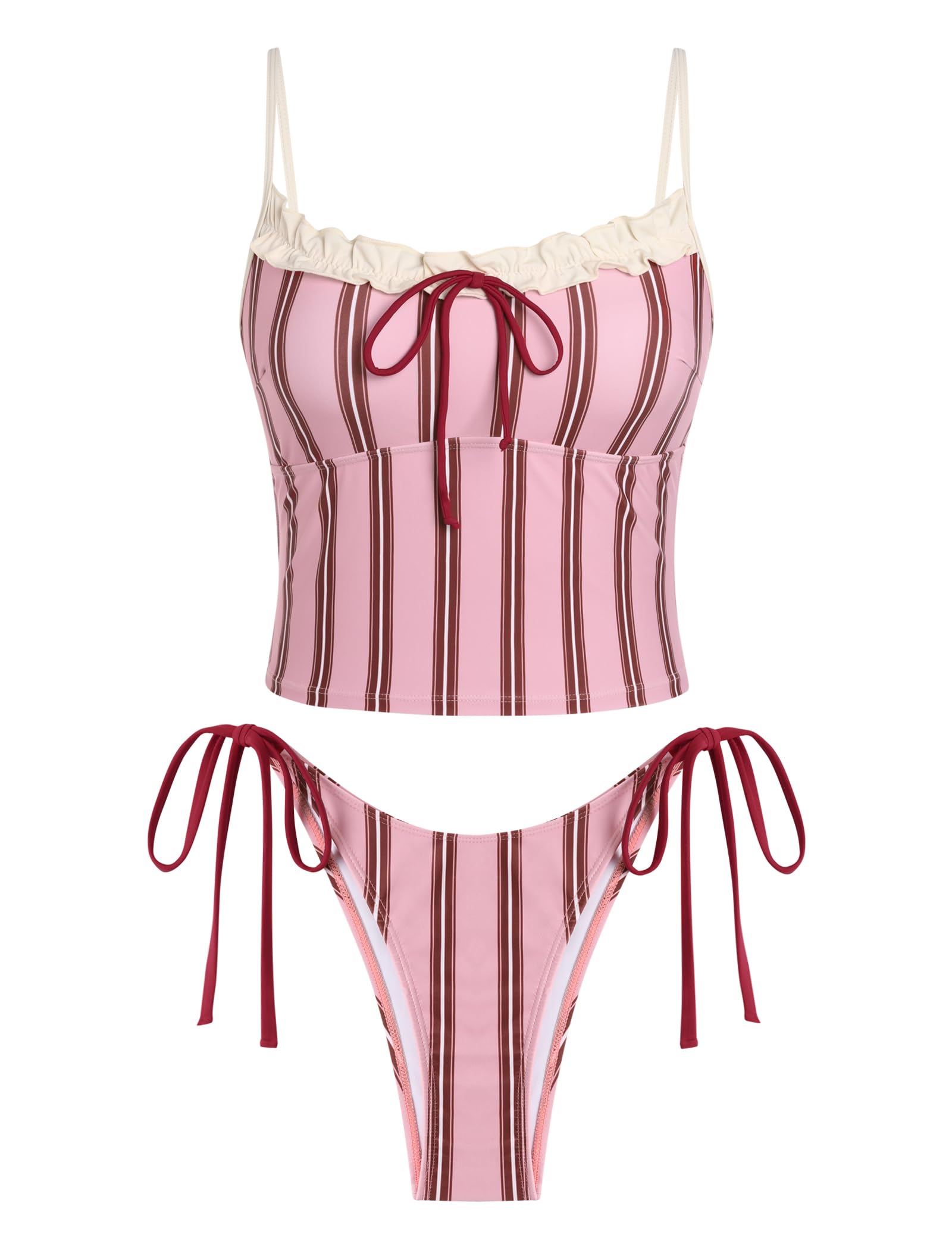 Tankini Swimsuits for Women Tie Front Tummy Control Spliced Ruffles Bikini Sets Two Piece Bathing Suits