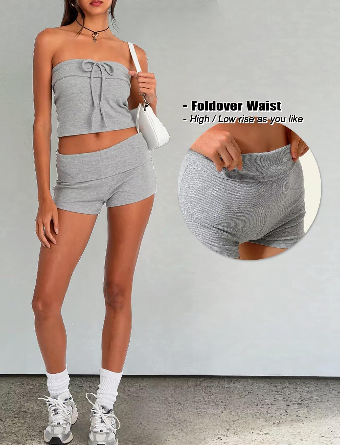 Cute Sexy Pajama Set Women Coquette Y2k Tube Top Foldover Lounge Summer Ribbed Shorts Sets 2 Piece Outfits Going Out