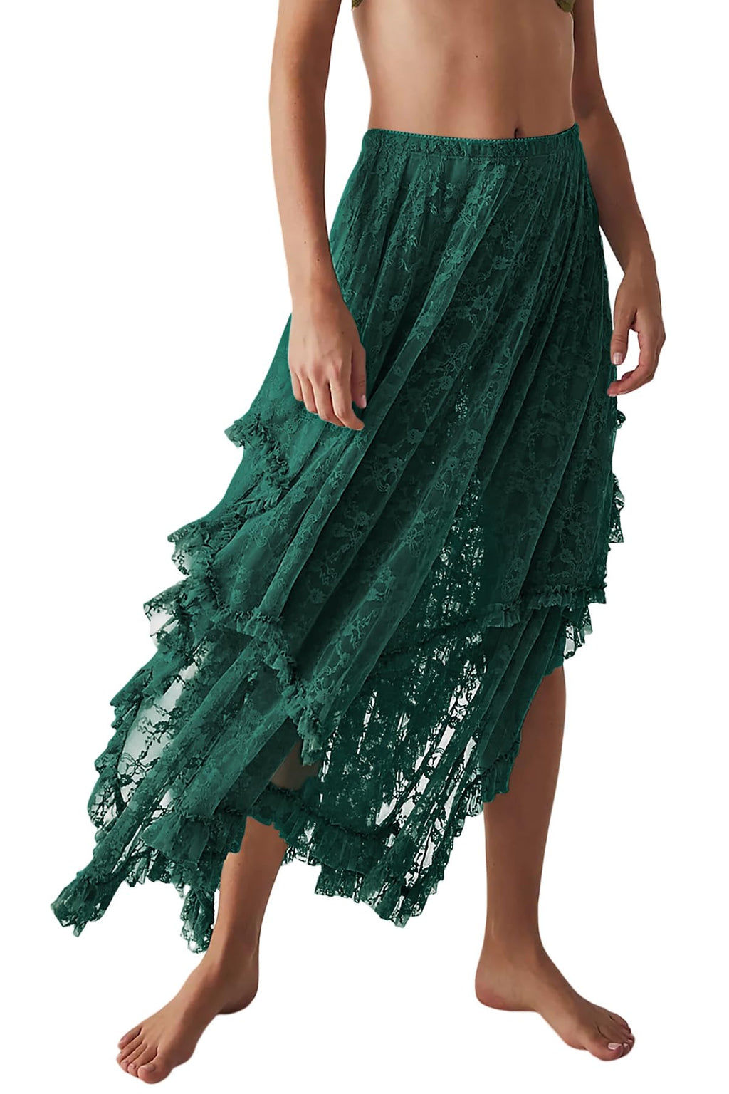 Women Lace Long Skirts Summer Elastic Asymmetrical Layered Hem Sexy See-Through Beach Floral Maxi Skirts