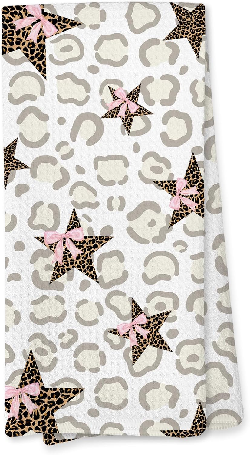 Retro Leopard Kitchen Towels, Coquette Pink Bow Cheetah, 16x24 Inch