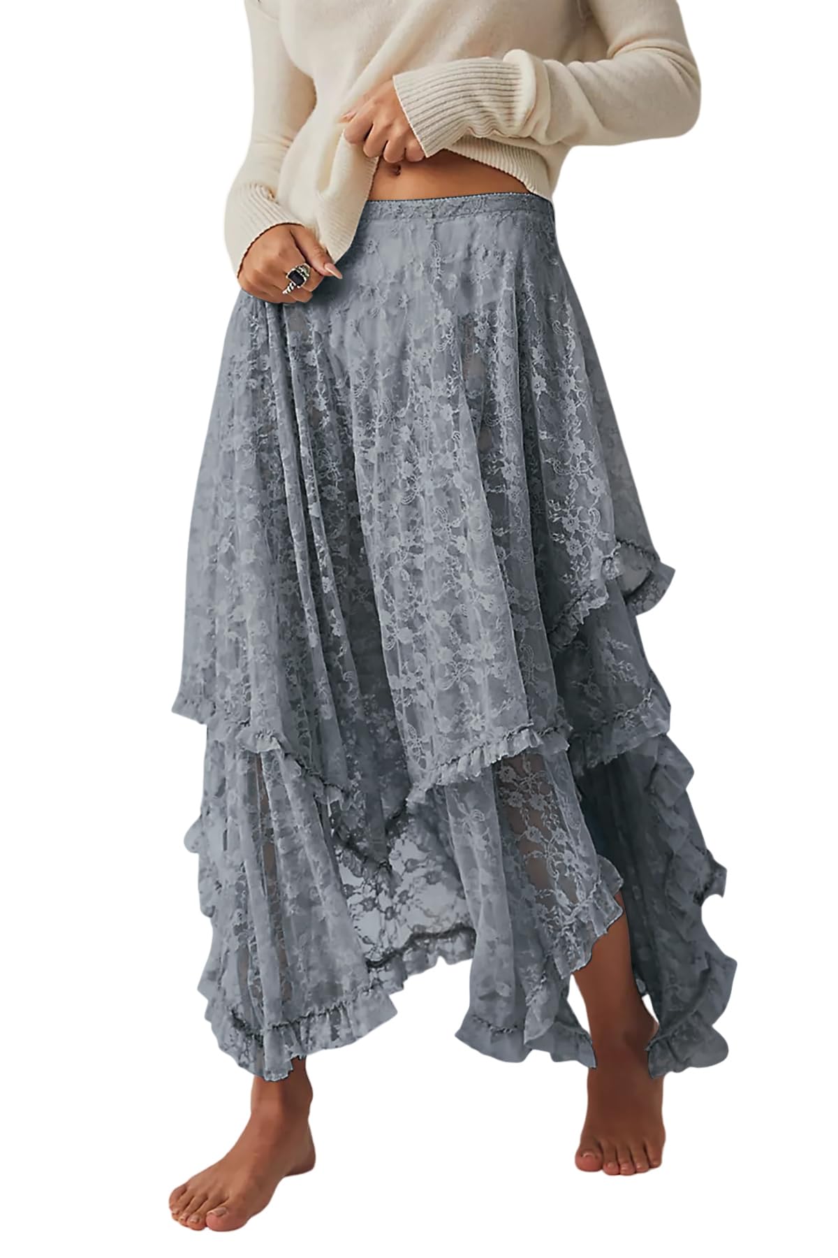 Women Lace Long Skirts Summer Elastic Asymmetrical Layered Hem Sexy See-Through Beach Floral Maxi Skirts