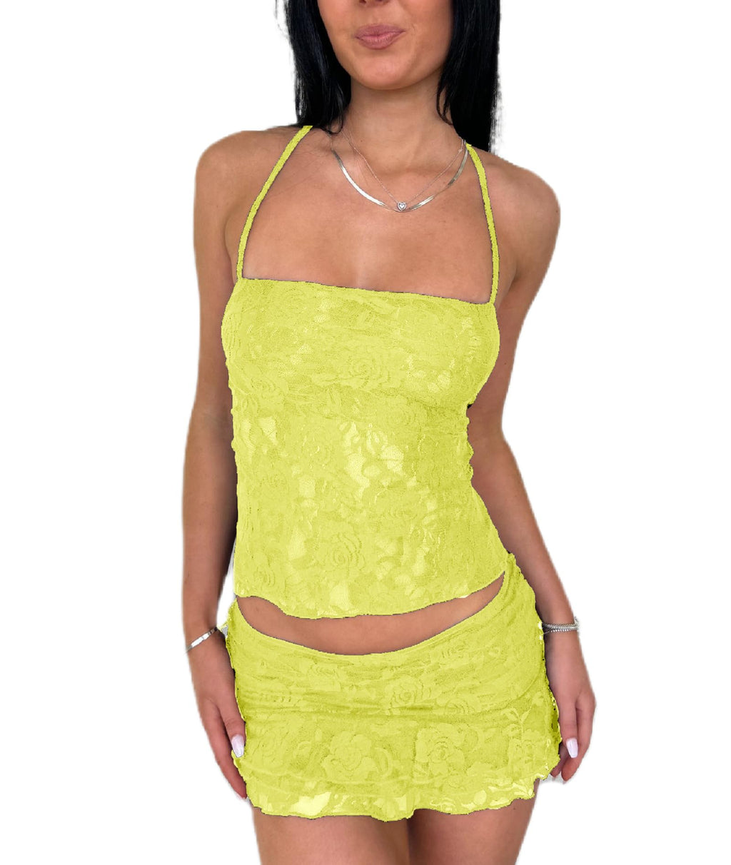 Women Y2K Lace 2 Piece Skirt Set Floral Lace Fitted Crop Cami Top See Through Low Waist Skirt Outfit Streetwear