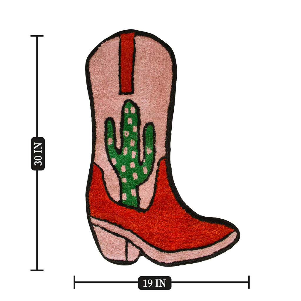 Cowboy Boot Bath Mat - Western Boot Shaped Rug with Pink, Rust, and Green Cactus Design - Water Absorbent (Boot Bath Mat)
