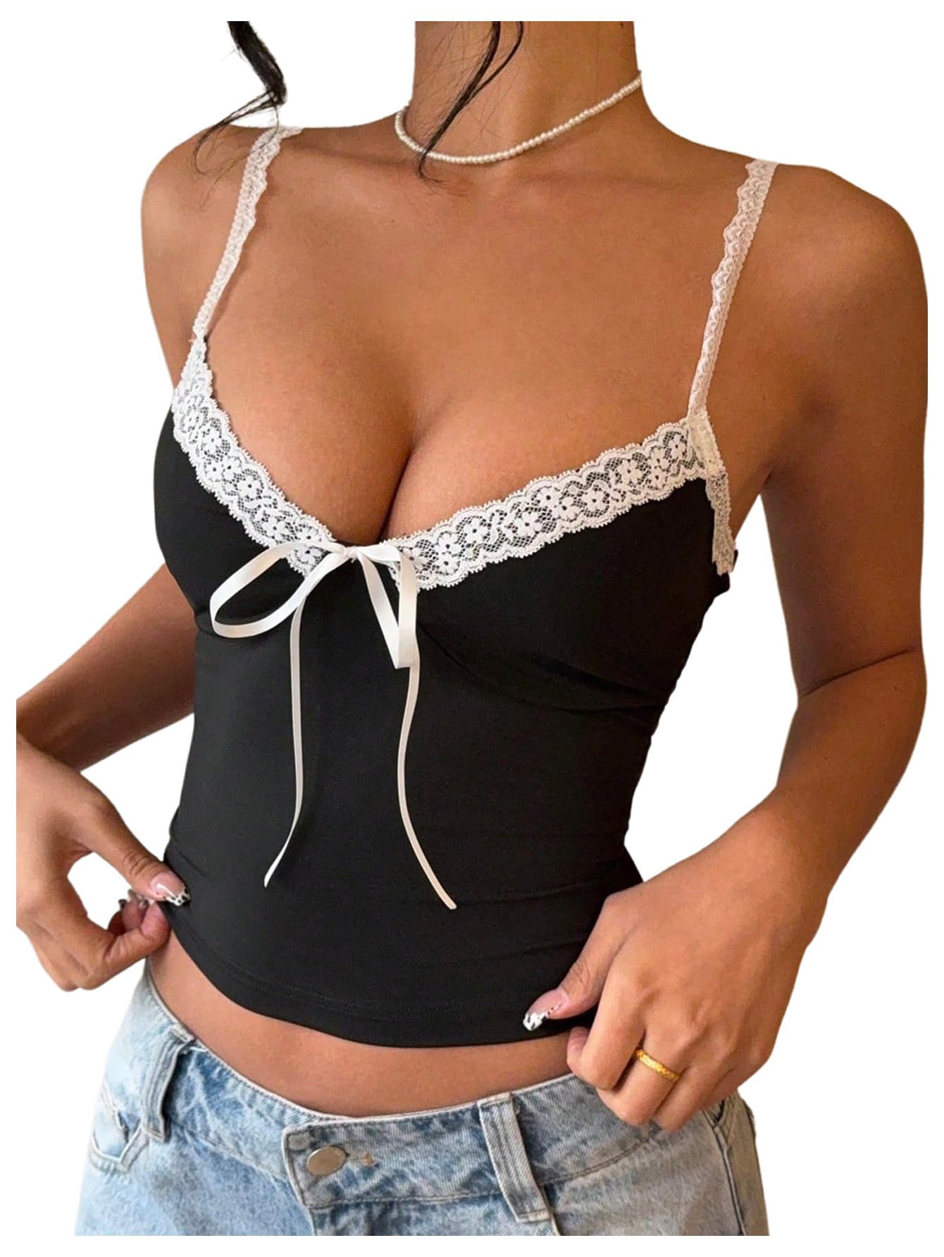 Women's Floral Lace V Neck Camisole Bow Spaghetti Strap Going Out Tank Crop Top