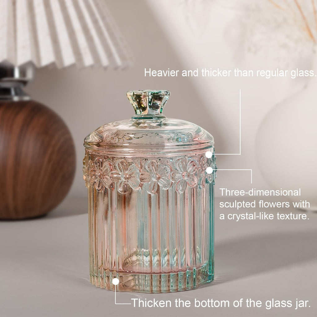 Qtip Holder Glass Apothecary Jars with Lids Set Bathroom Canisters Dispenser Organizers and Storage for Cotton Swabs, Balls, Pads, Floss Picks, Candy 2 Pack