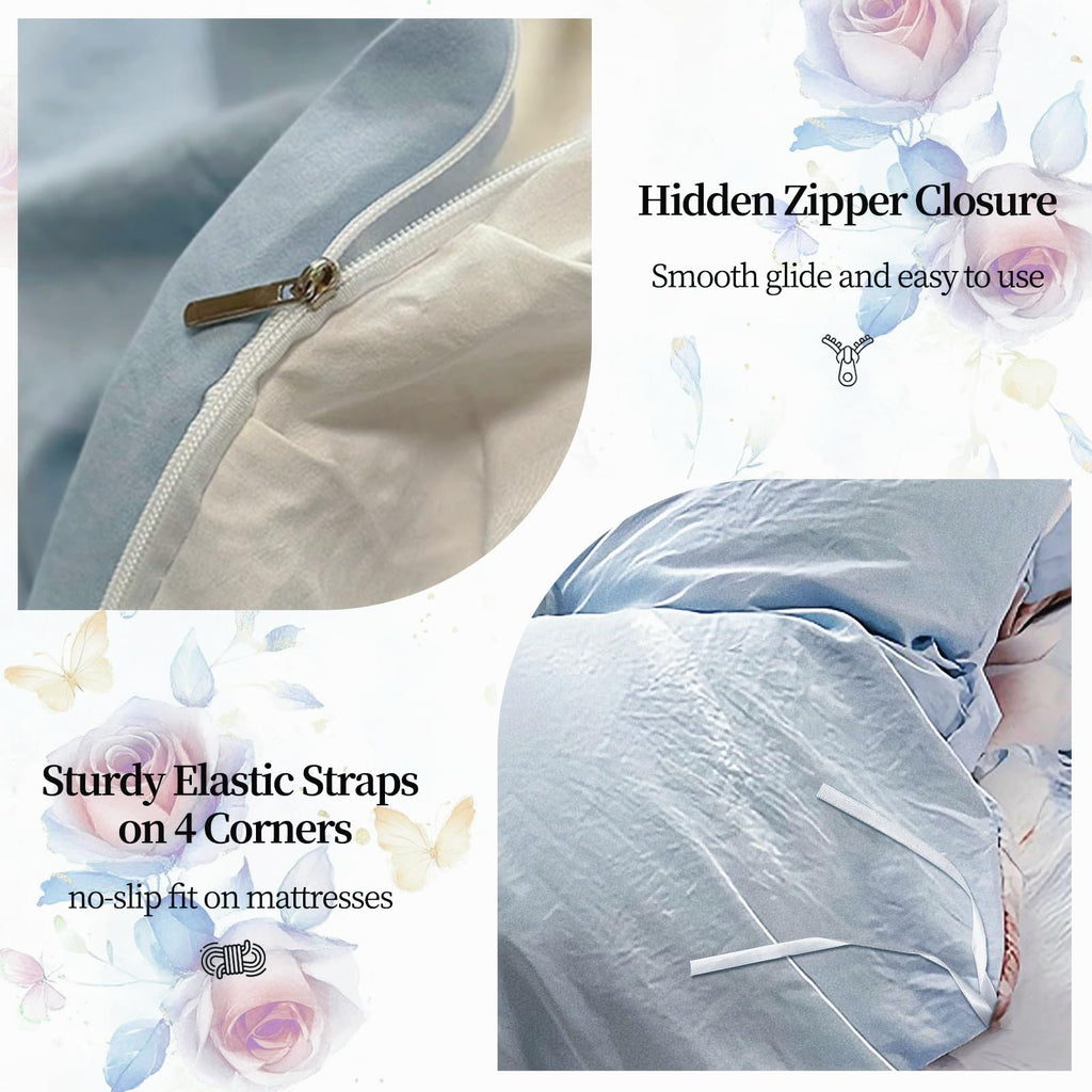 Duvet Cover 4pcs - Cotton Ultra Soft Ruffle Bedding Set includ 1 Duvet Cover with Zipper Ties,1 Fitted Sheet with Bed Skirt, 2 lace Pillow Shams for All Season