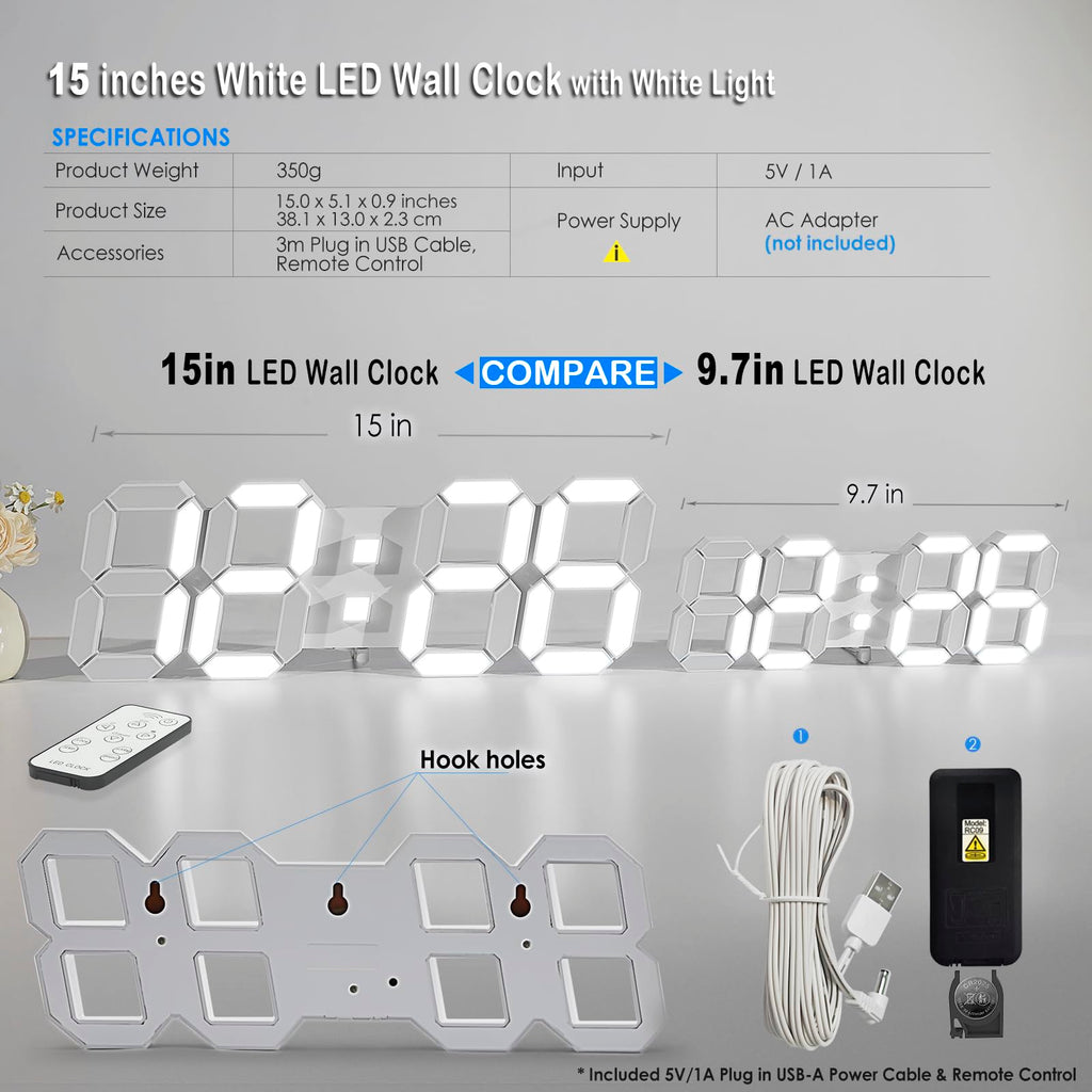 LED 3D Wall Clock 9.7" Clock with Remote/Dimming/12/24H/Temp/Alarm Clock/Date