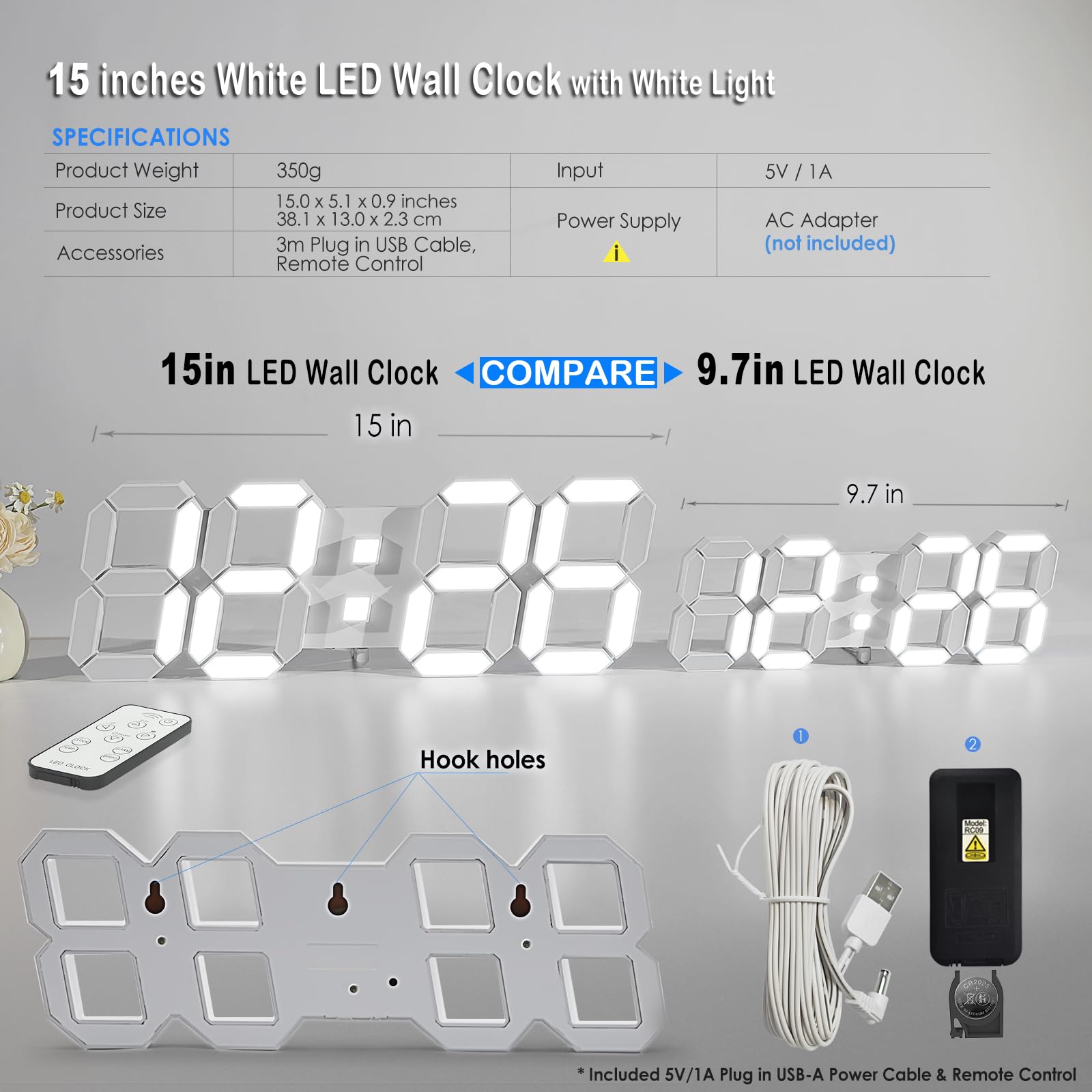 LED 3D Wall Clock 9.7" Clock with Remote/Dimming/12/24H/Temp/Alarm Clock/Date
