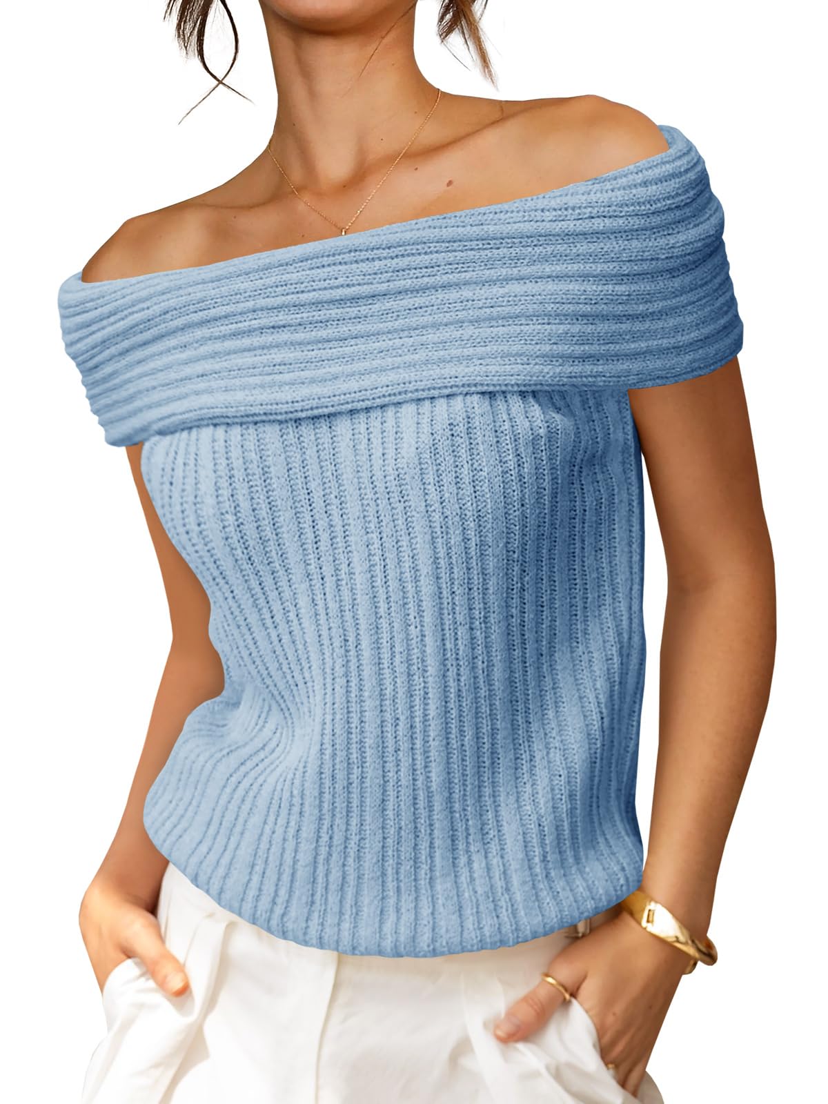 Womens Off The Shoulder Sweater Tops Summer Sleeveless Strapless Ribbed Sexy Pullover Shirts