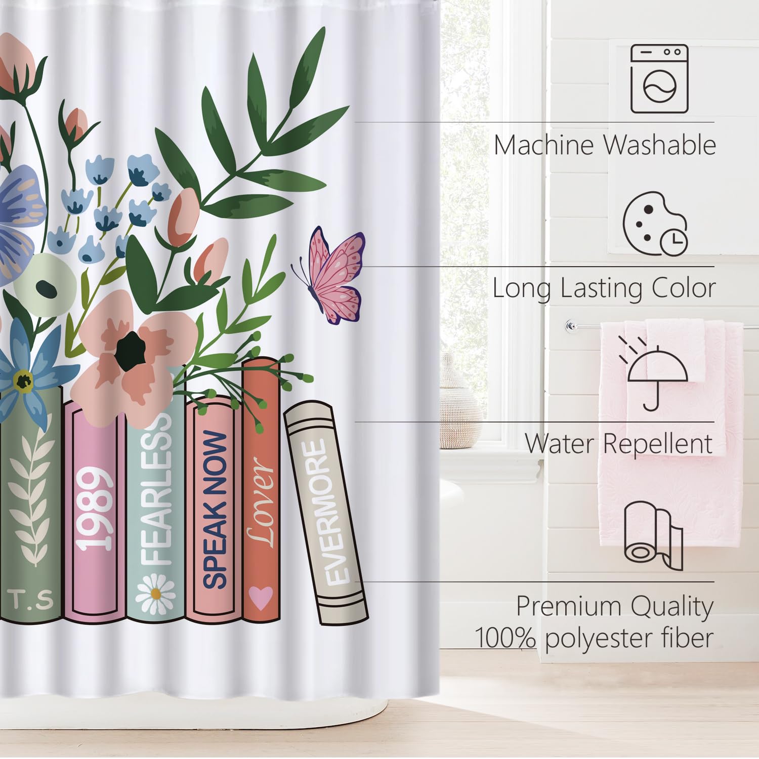 Cute Shower Curtain for Bathroom Modern Aesthetic Funky Decorative, Pretty Chic Cloth Set with Hooks, 72x72 Inch
