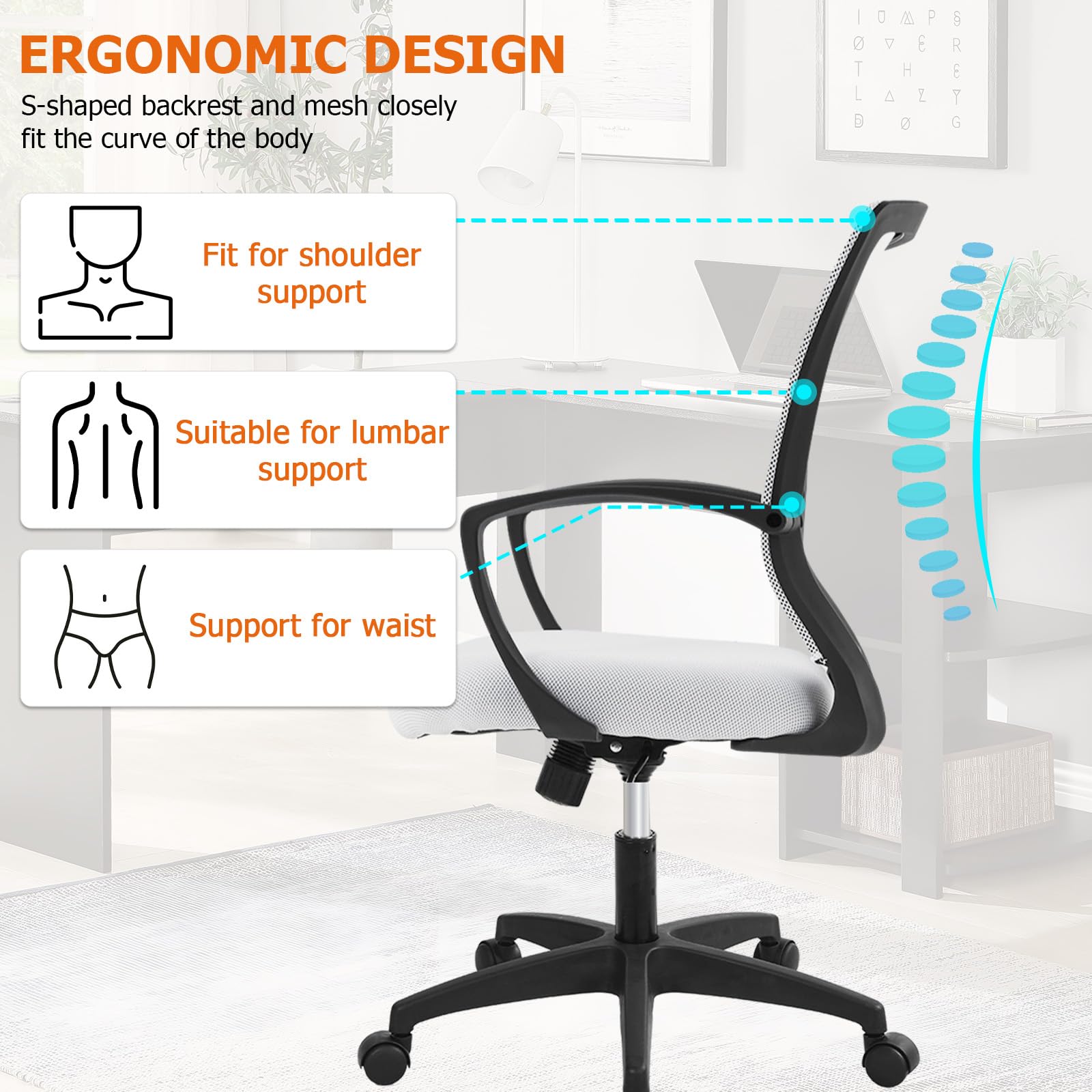 Mesh Desk Chair Ergonomic Computer Chair with Lumbar Support Armrest Mid Back 360 Degree Rolling Swivel Adjustable Height