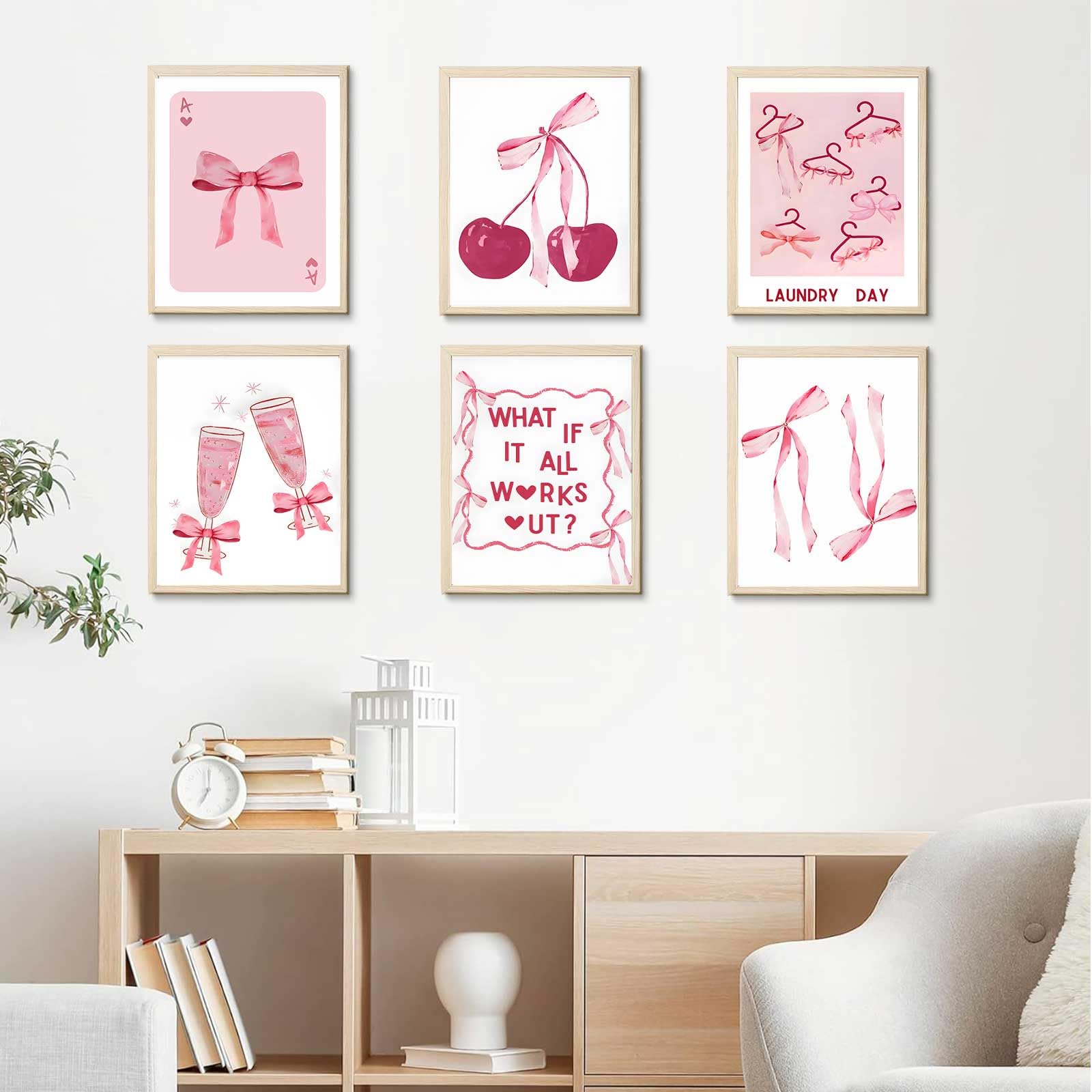 Trendy Pink Bows Wall Art Coquette Posters for Room Decor | Aesthetic Watercolor Light Pink Bow Canvas Prints 6Pcs