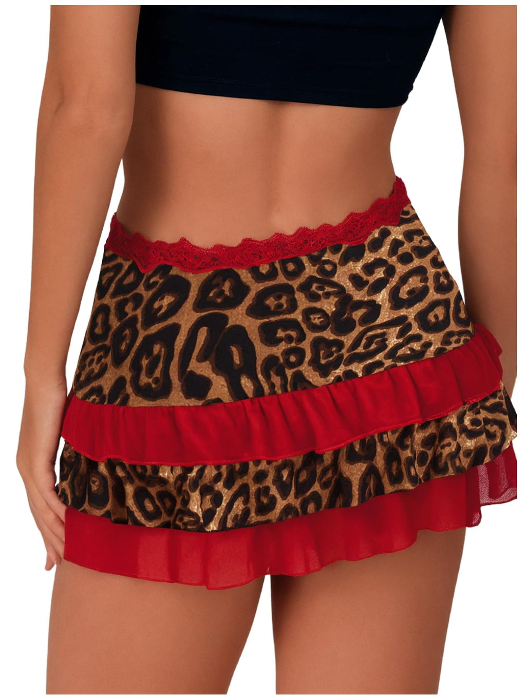 Women Leopard Print Low Rise Mini Skirt Y2k Contrast Mesh Layered Skirts