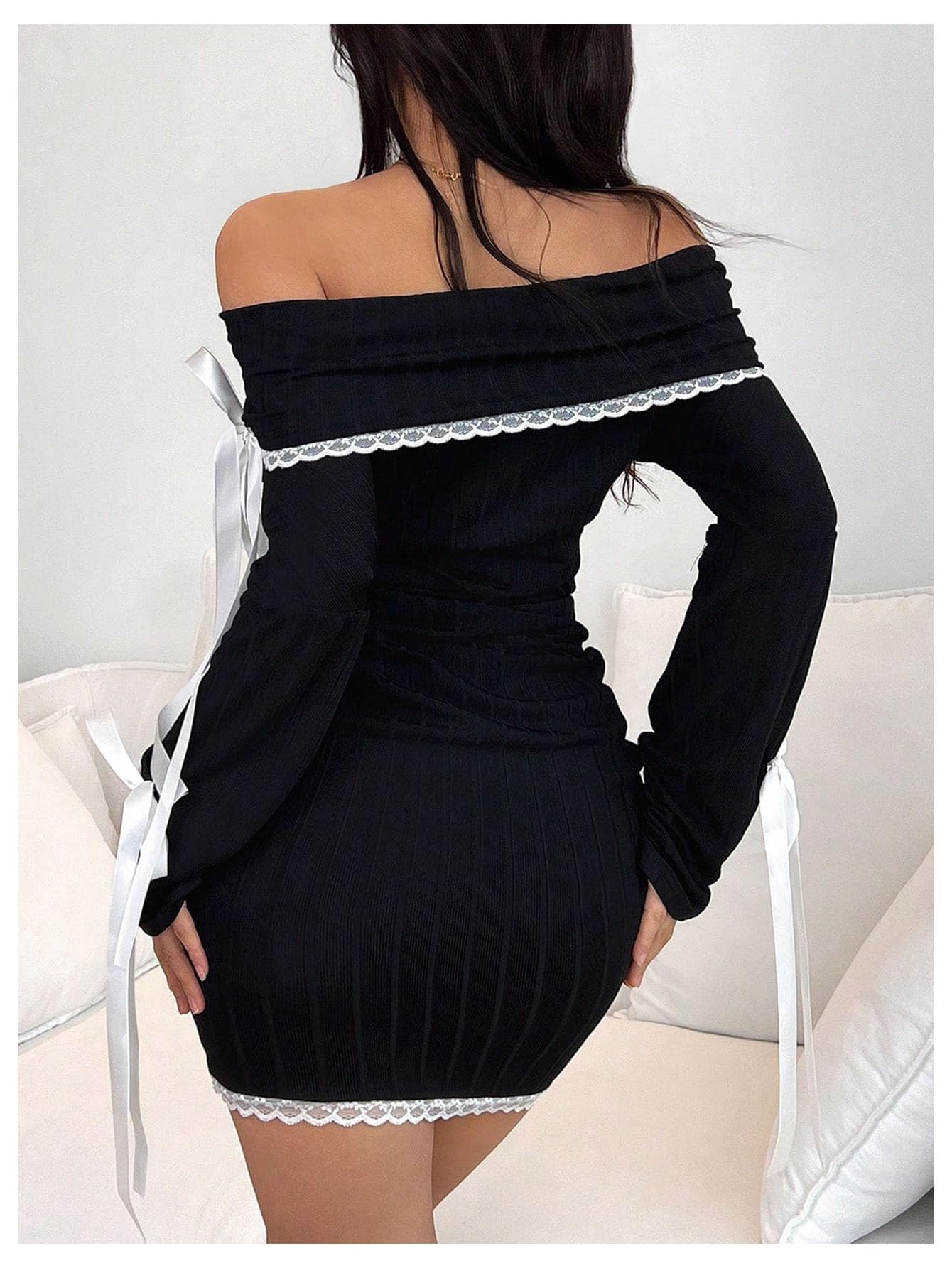 Women's Bodycon Mini Dress Off The Shoulder Lace Trim Bow Long Sleeve Ruched Y2k Dresses