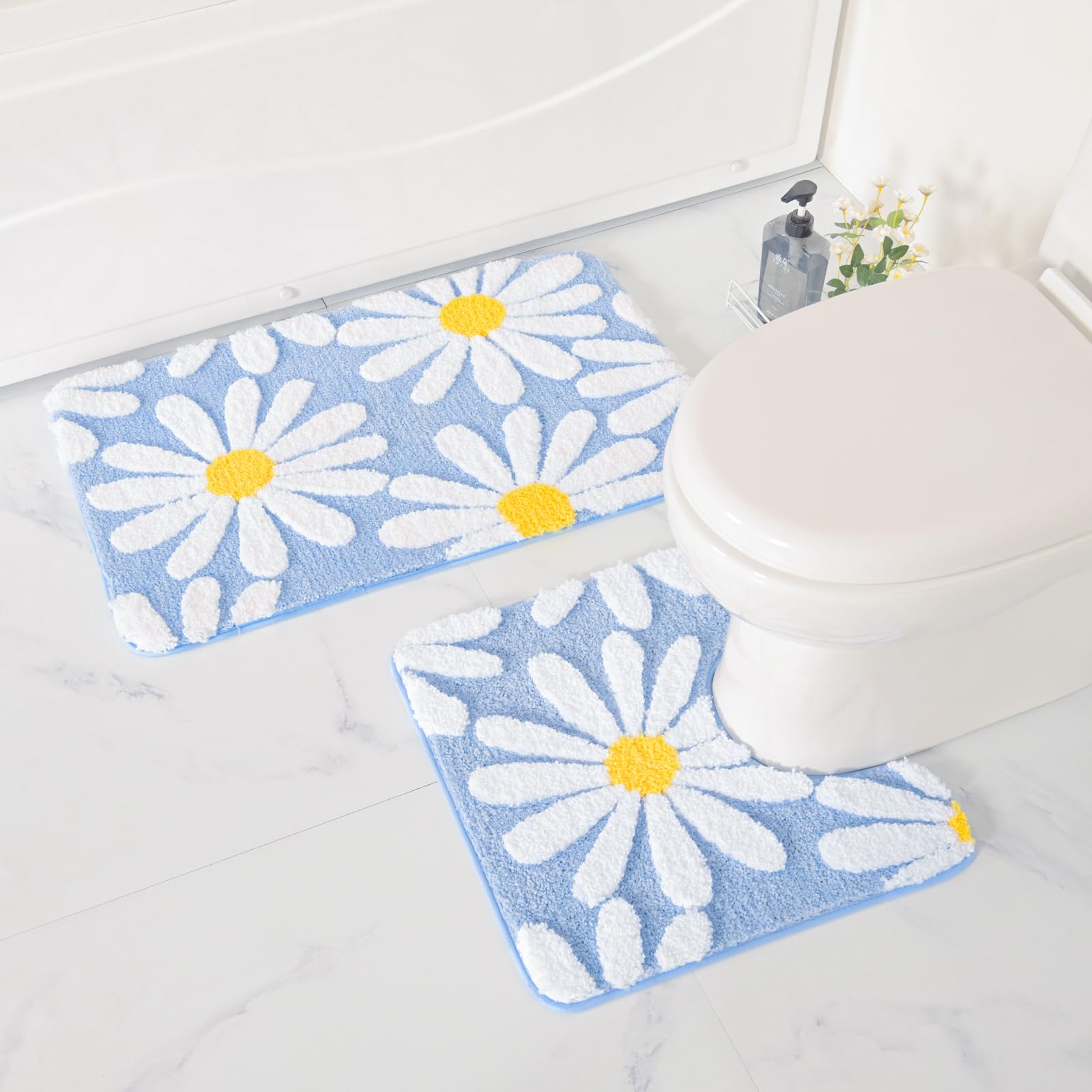 U Shaped Toilet Mat Cute Daisy Contour Bath Rug 20"x20", Extra Thick Soft Machine Washable Toilet Carpet, Non Slip Bathroom Floor Mats Super Absorbent Microfiber Bath Rugs