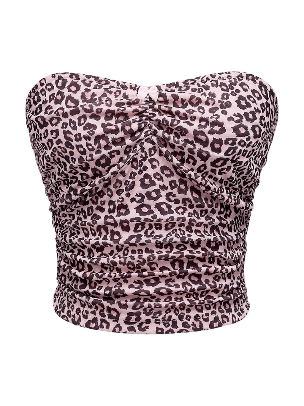 Women's Leopard Print Ruched Strapless Bandeau Top Meah Casual Sleeveless Bow Slim Fit Cheetah Print Tube Crop Tops