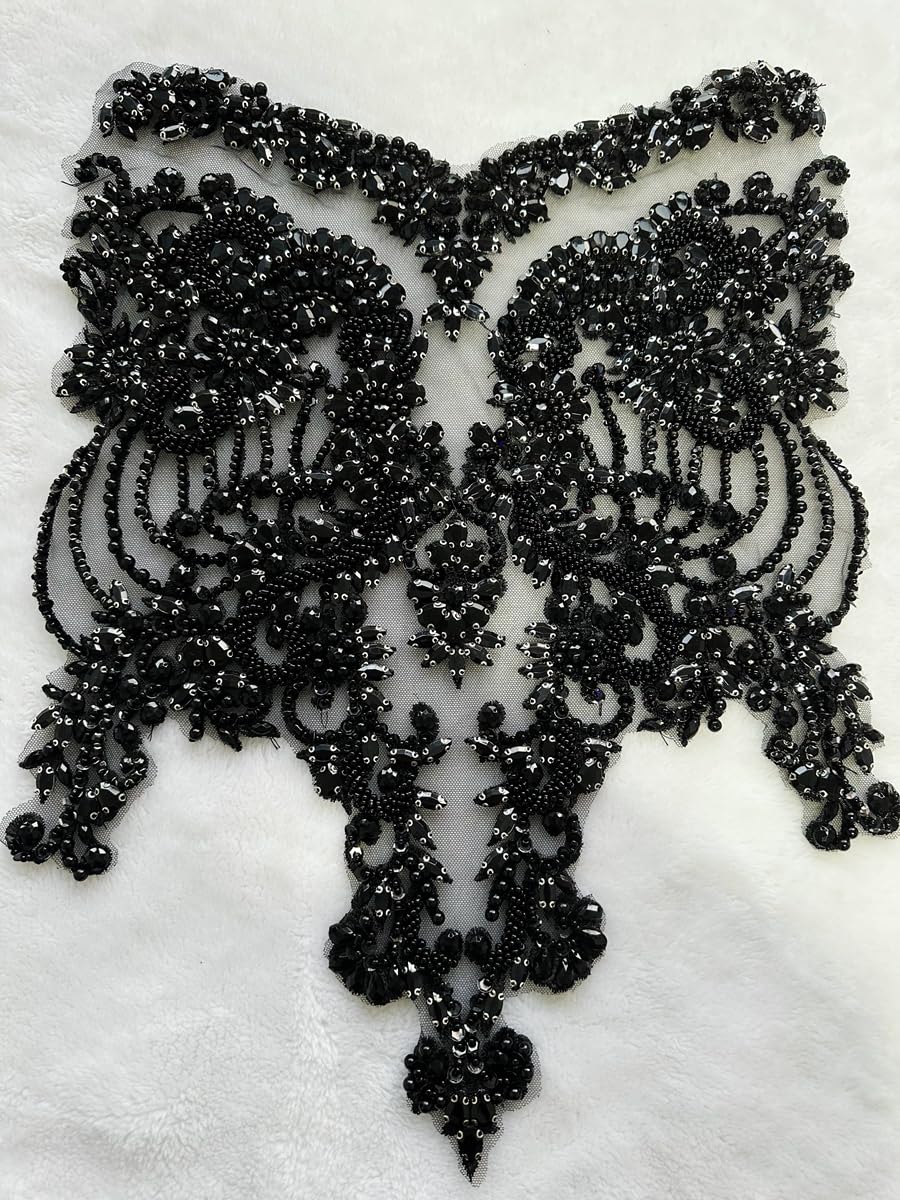 Handmade red/Blue/Gold/Green Rhinestones lace Bodice Applique Sewing Beads Crystal Trim Patches Accessory for Dress Clothes (Rose red)