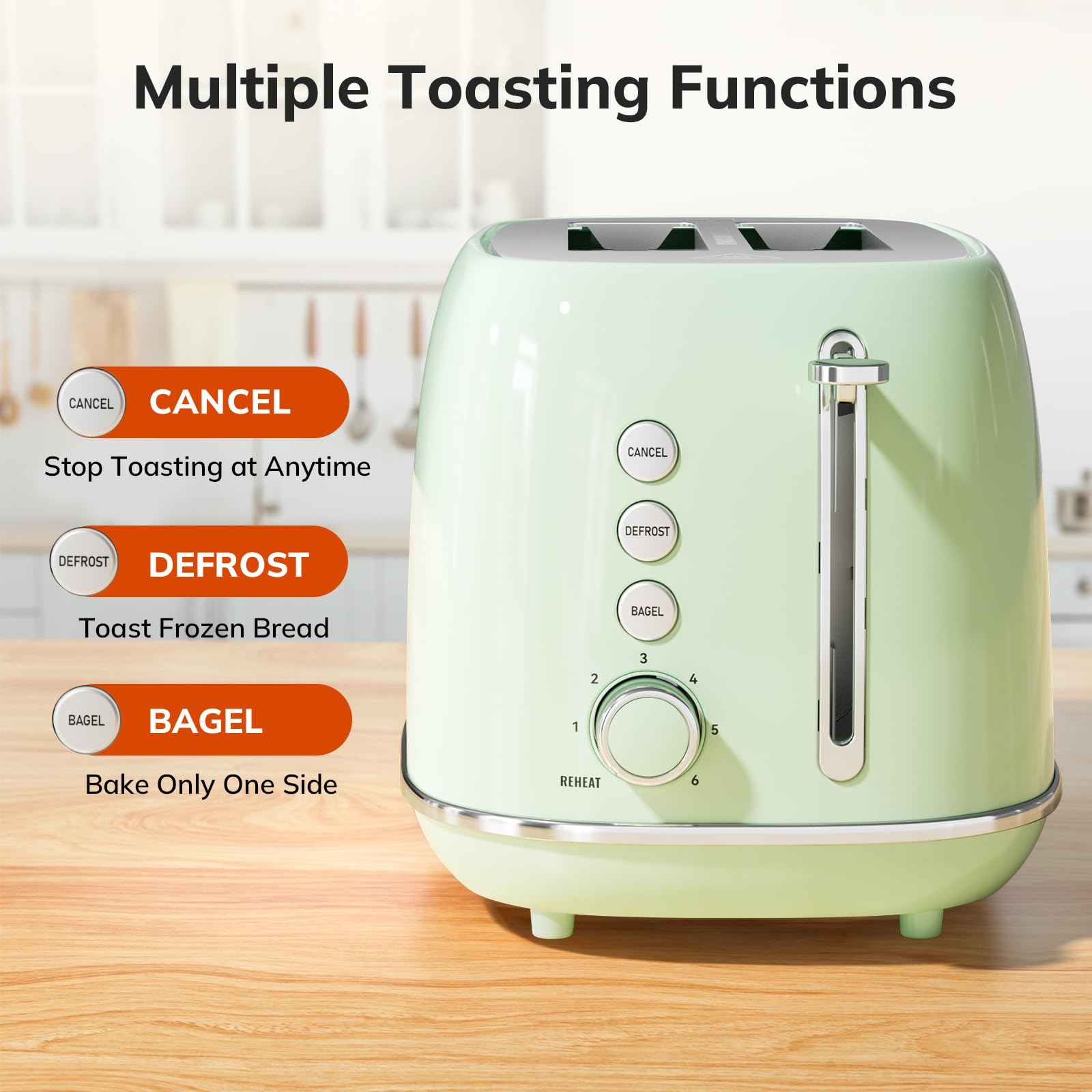 Toaster 2 Slice Stainless Steel with 6 Bread Shade Settings, Retro Toaster with Extra Wide Slot