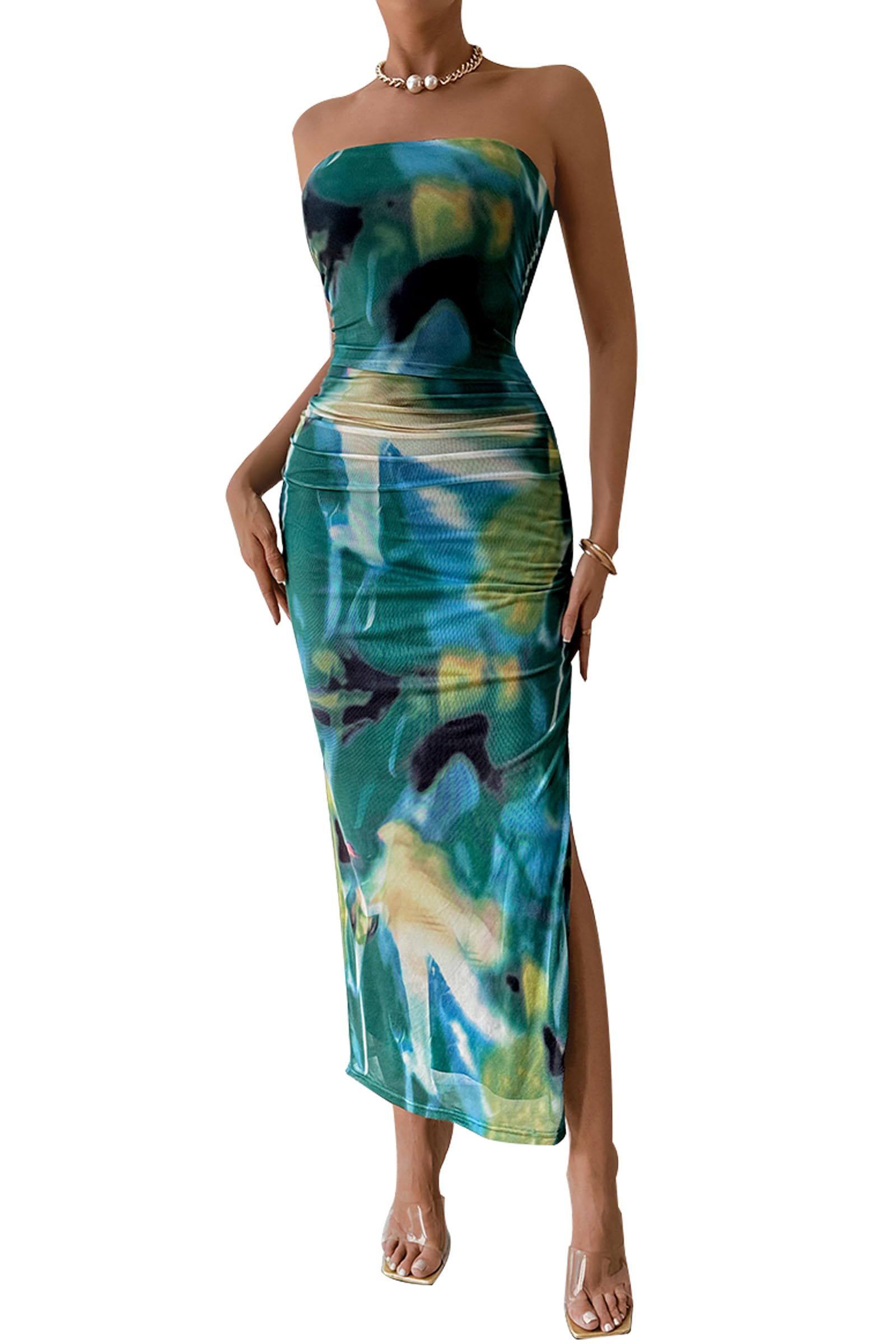 Women's Summer Maxi Bodycon Dresses Strapless Tube Top Printed Long Slit Dress