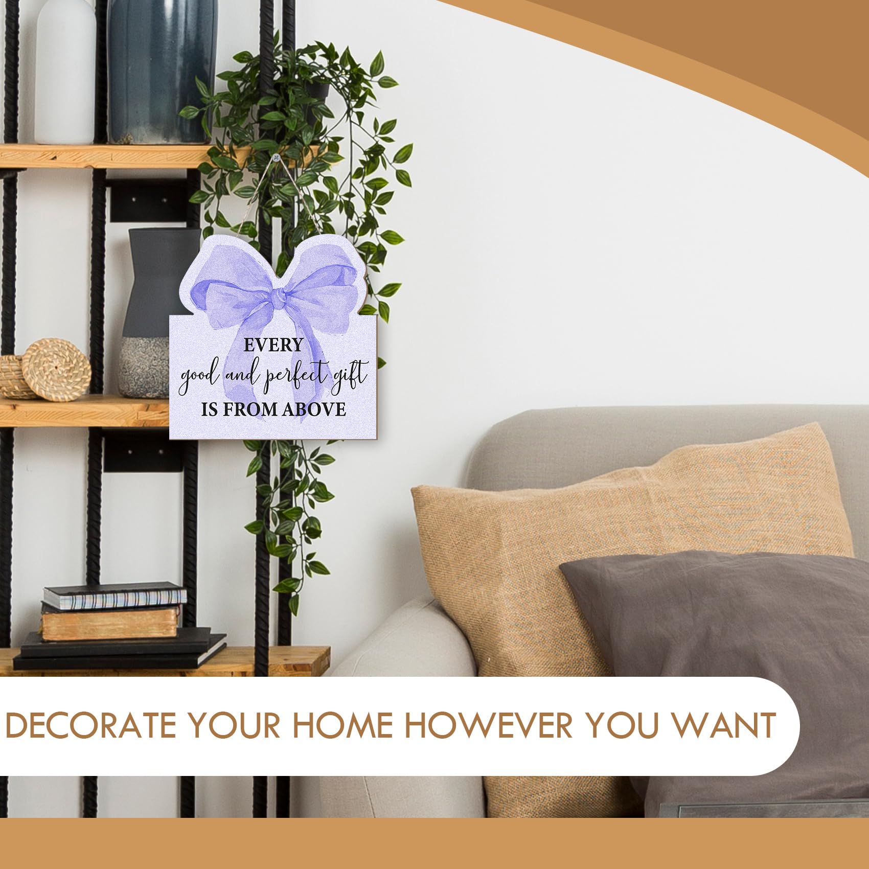 Preppy Pink Bow Front Porch Door Decor, Scripture Wall Hanging Decor - Every Good and Perfect is from Above, 12x12 Inch