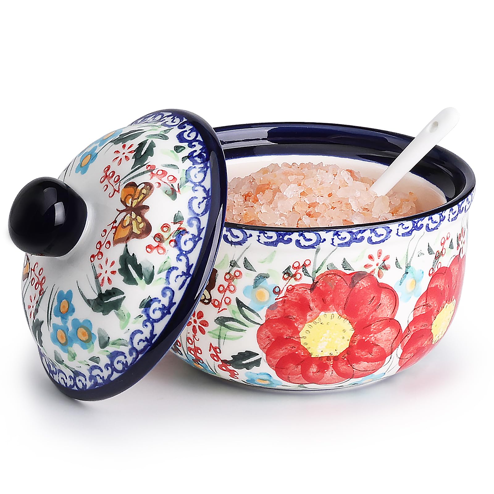 Handmade Sugar Bowl with Lid and Spoon, 10 Ounce Ceramic Hand-Painted Sugar Jar for Kitchen Oven, Dishwasher & Microwave Safe, Glazed