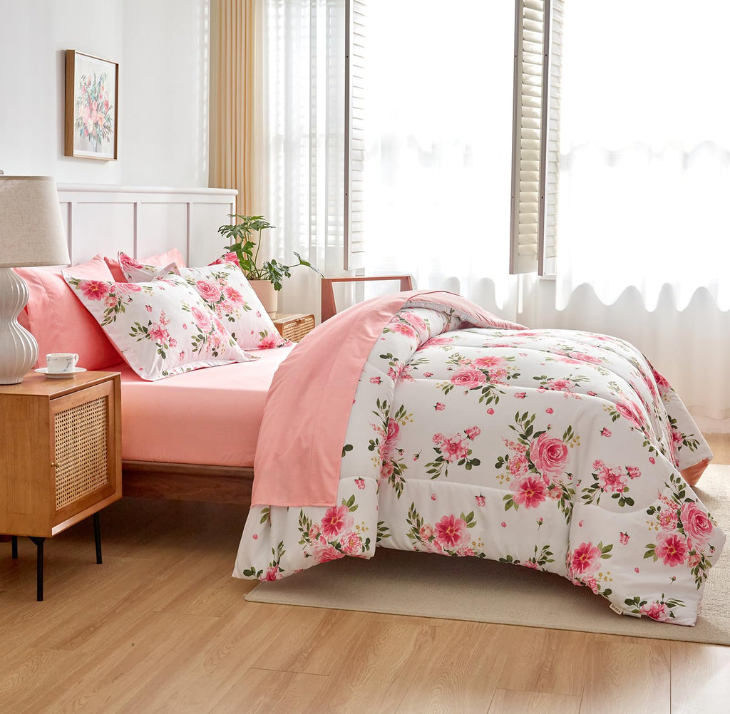 Flower Comforter Sheet Set White Bed in a Bag 7 Pieces Size Pink Floral Microfiber Bedding Set (1 Comforter 2 Pillow Shams 1 Flat Sheet 1 Fitted Sheet 2 Pillowcases)