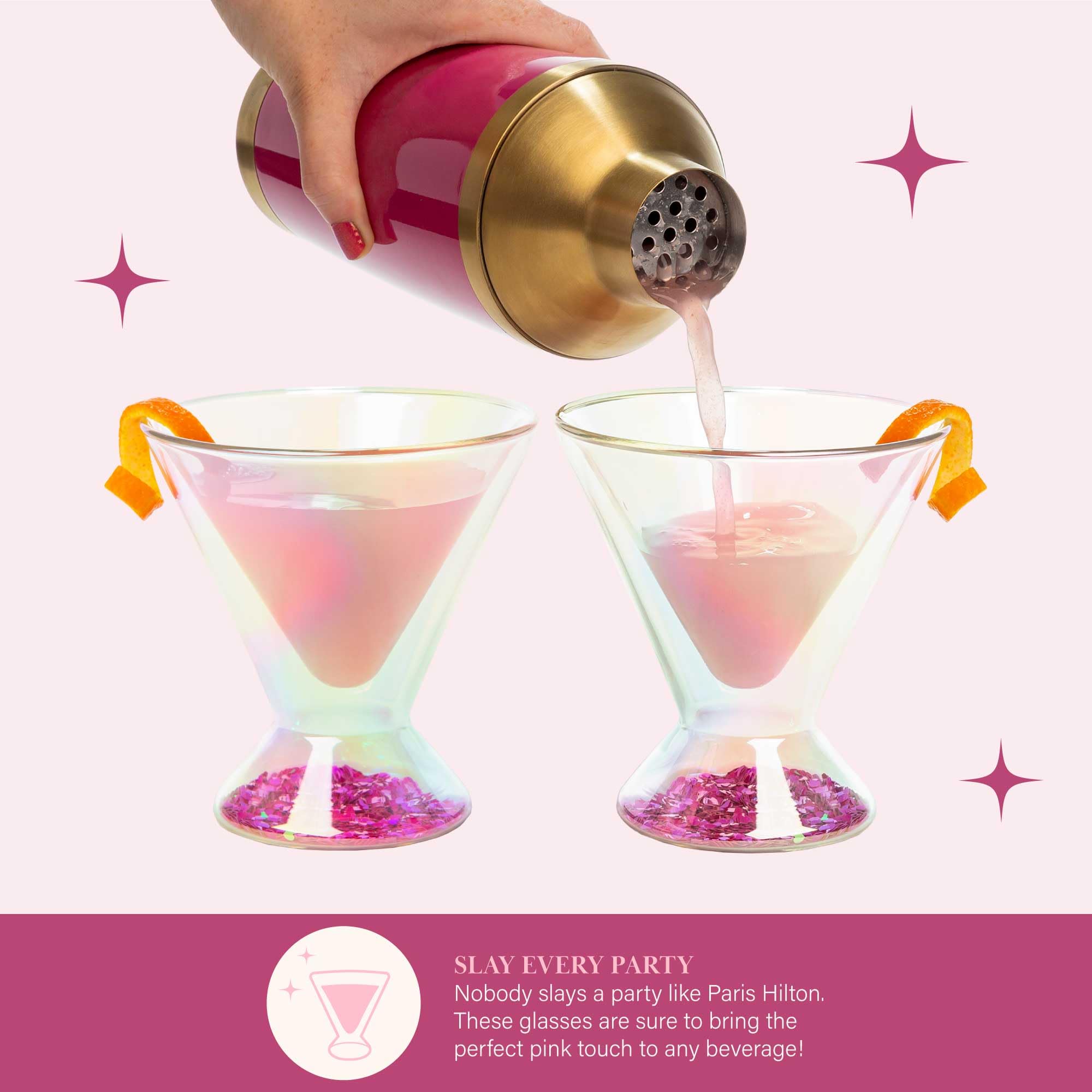 Paris Hilton 2-Piece Martini Glass Set, Double Wall Glass Design, Iridescent with Glitter Hearts - 207mL 7-Ounce