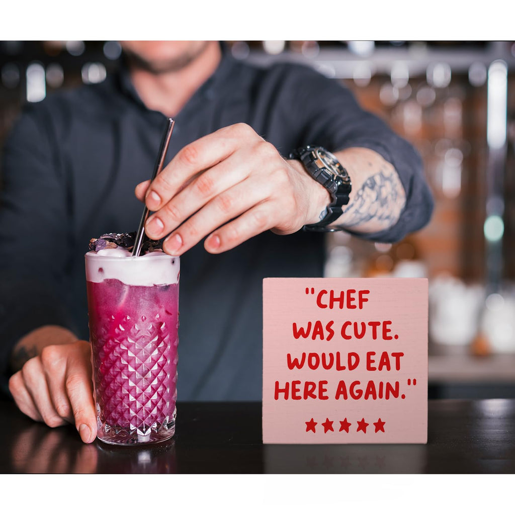 Kitchen Sign - 'Chef Would Eat Here Again' Wooden Box Sign, Pink & Aesthetic Kitchen Decor, 5x5 Inches
