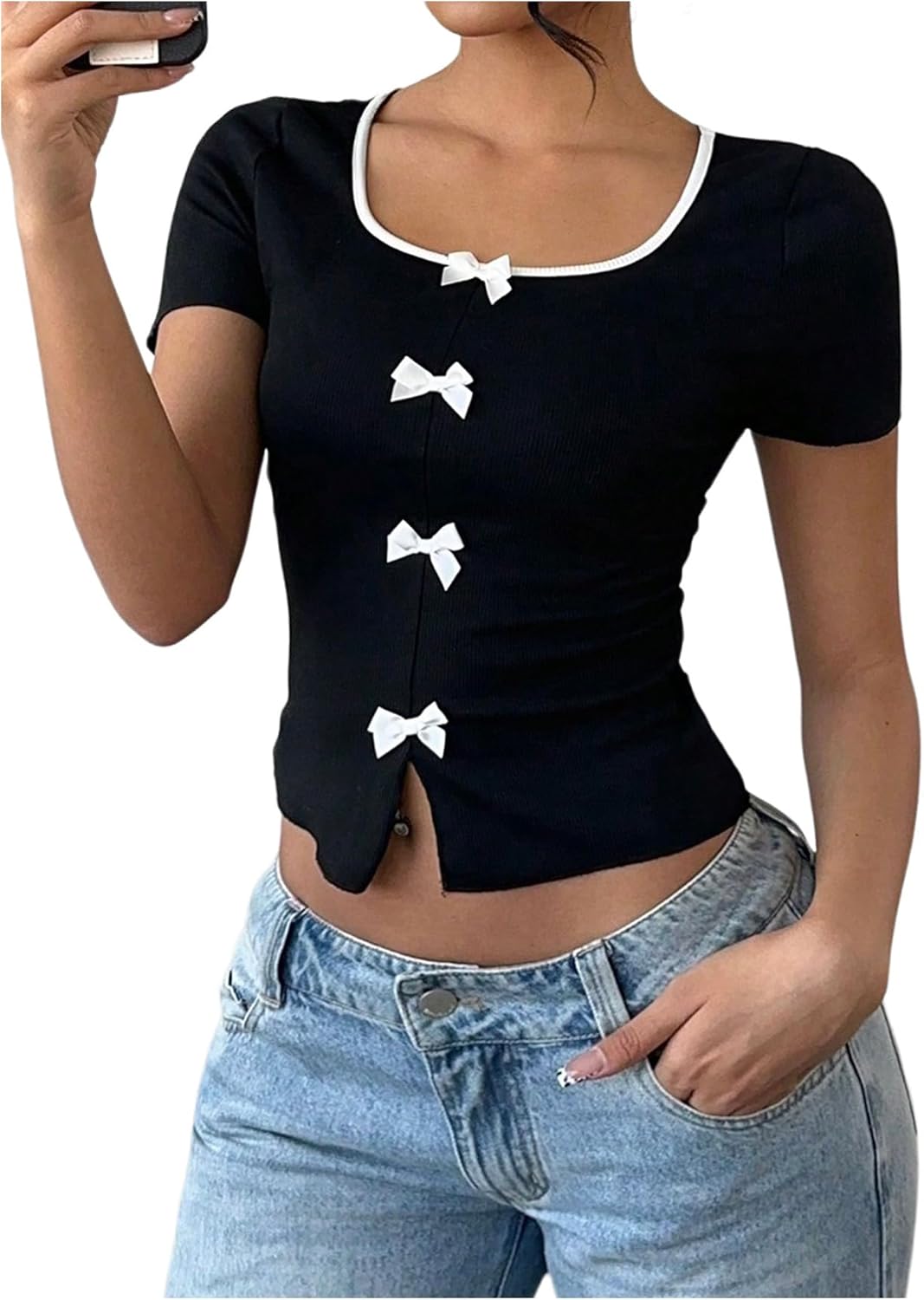 Women's Coquette Bow Tops Slit Colorblock Short Sleeve Summer T Shirts