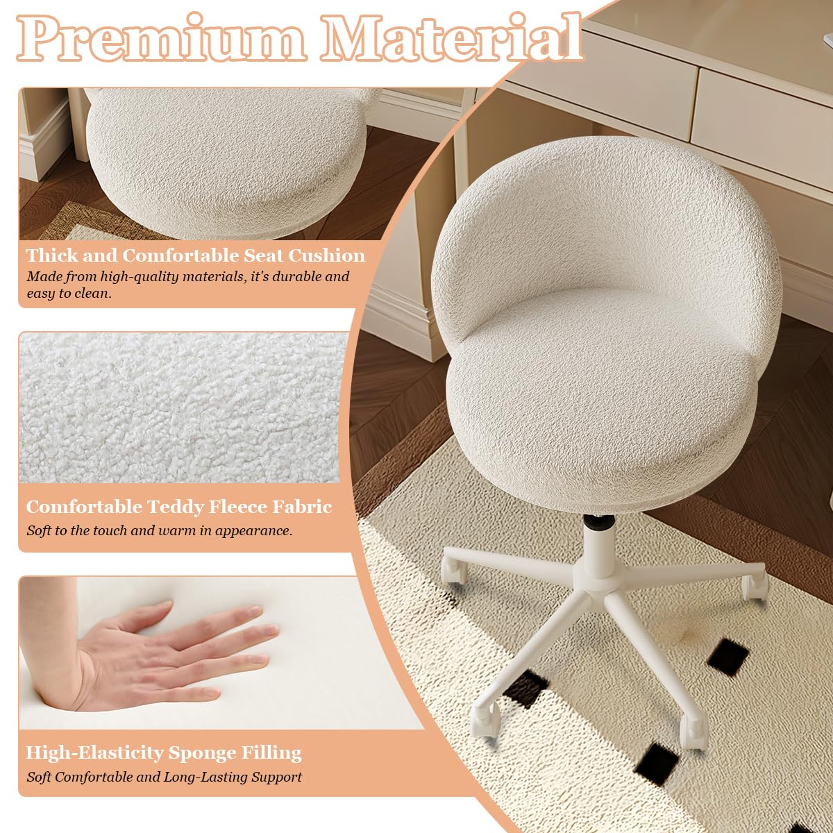 Modern Vanity Chair with Back, 360° Swivel Makeup Desk Chair Small Office Chair with Wheels, Height Adjustable Armless Computer Task Chair