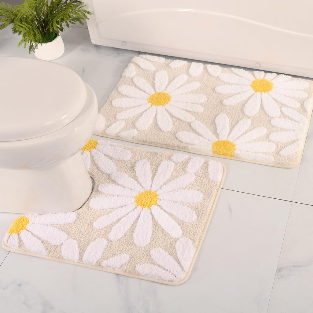 U Shaped Toilet Mat Cute Daisy Contour Bath Rug 20"x20", Extra Thick Soft Machine Washable Toilet Carpet, Non Slip Bathroom Floor Mats Super Absorbent Microfiber Bath Rugs