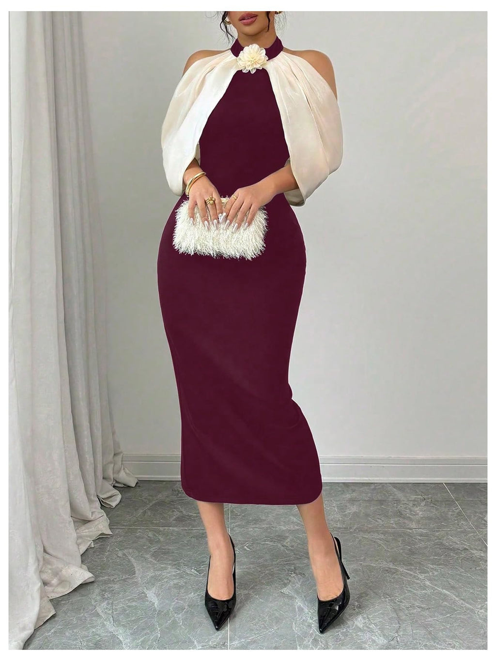 Women's 3D Floral Halter Dress Elegant Color Block Cold Shoulder Backless Bodycon Dresses