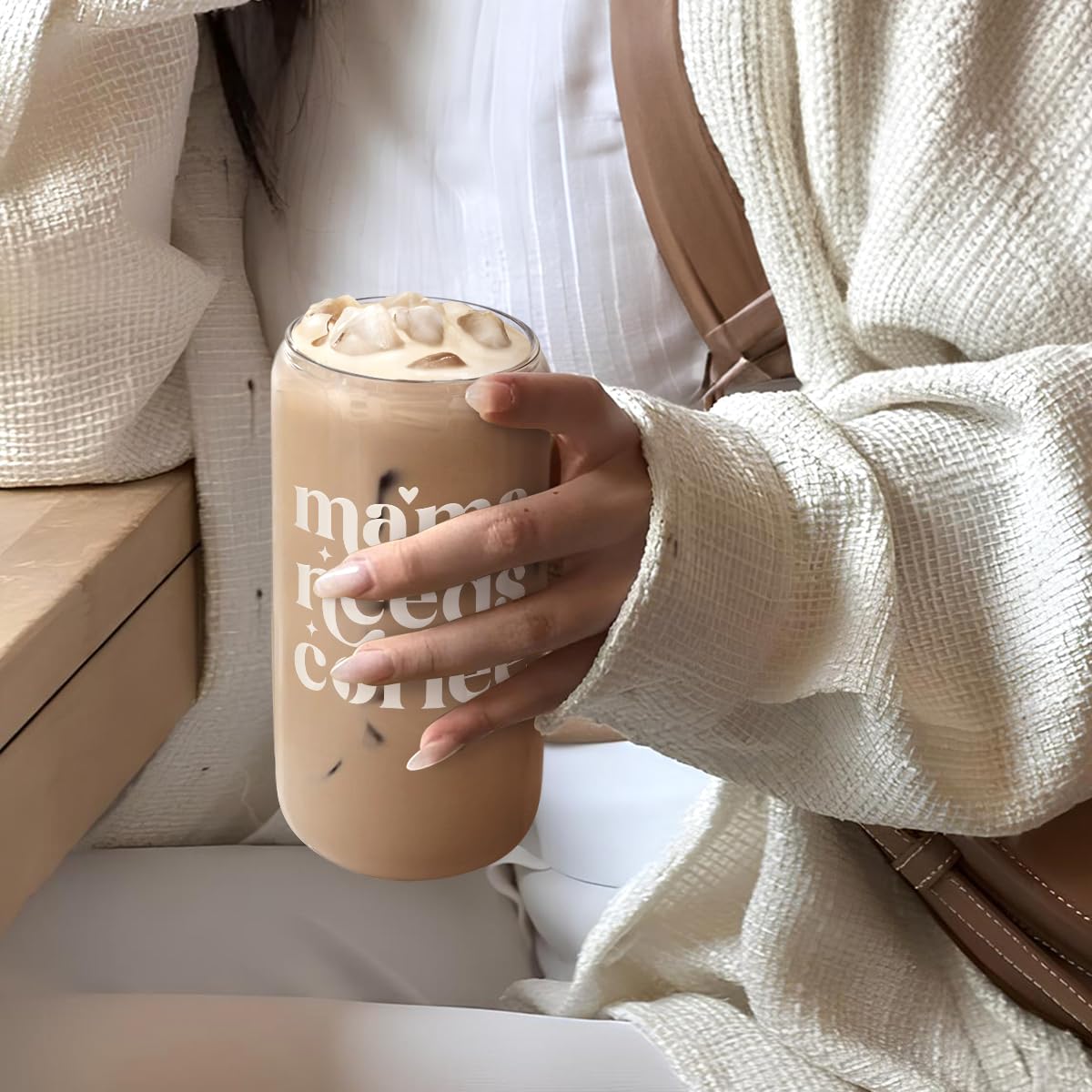 Glass Cup with Lid & Straw, Iced Coffee Aesthetic Glass Can, 16oz