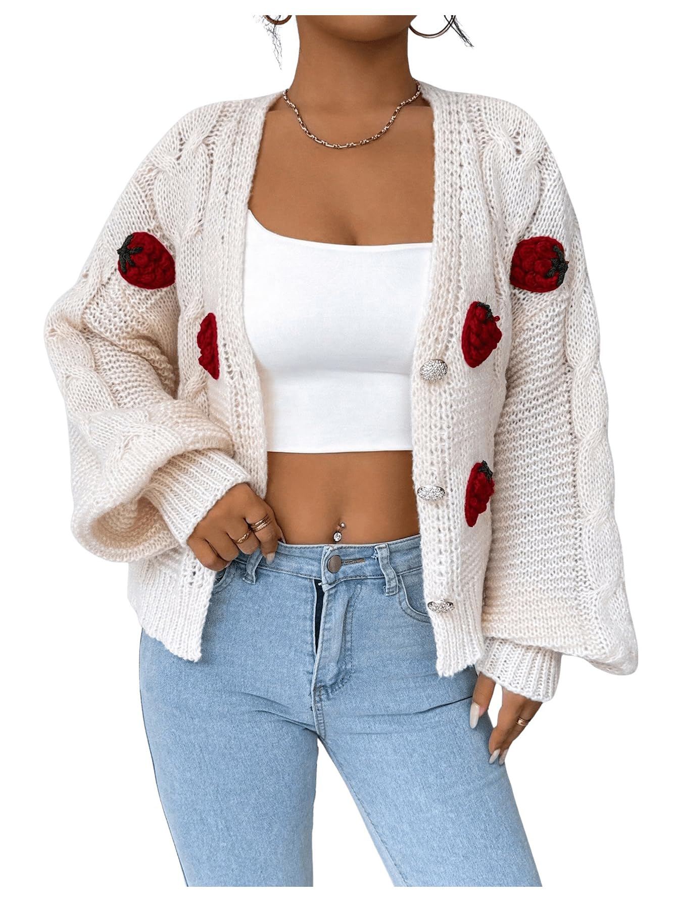 Women's Strawberry Embroidery Crop Cardigan Drop Shoulder Button Up Sweater Tops V Neck Outerwear