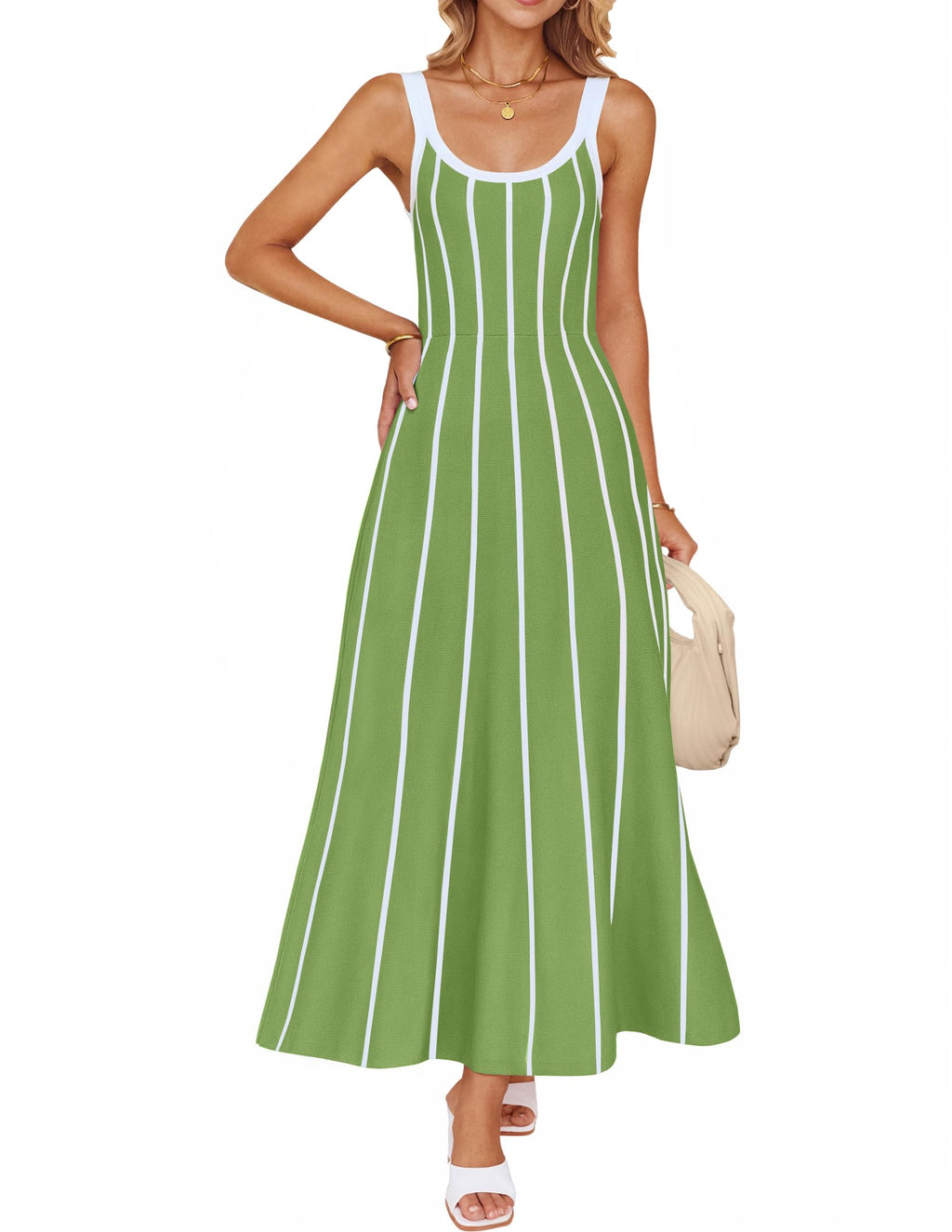 Wome's Summer Sleeveless Striped Midi Dress 2025 Knit Casual Elegant A Line Swing Long Dresses
