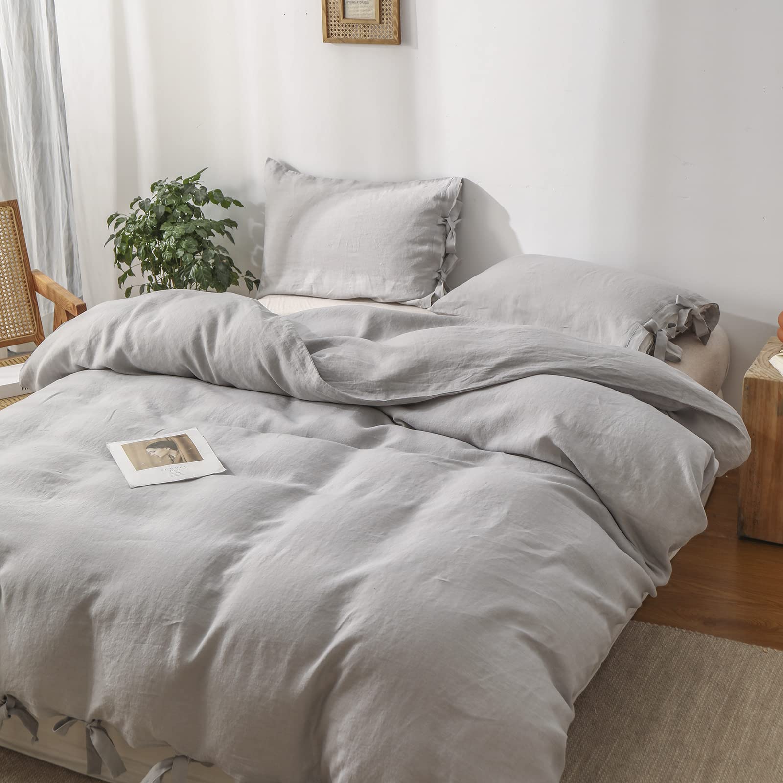 The 100% Linen Duvet Cover Set, 3 Pieces Belgian Flax Breathable Bedding,(1 Comforter Cover+2 Pillowshams) with Tie Closure Style