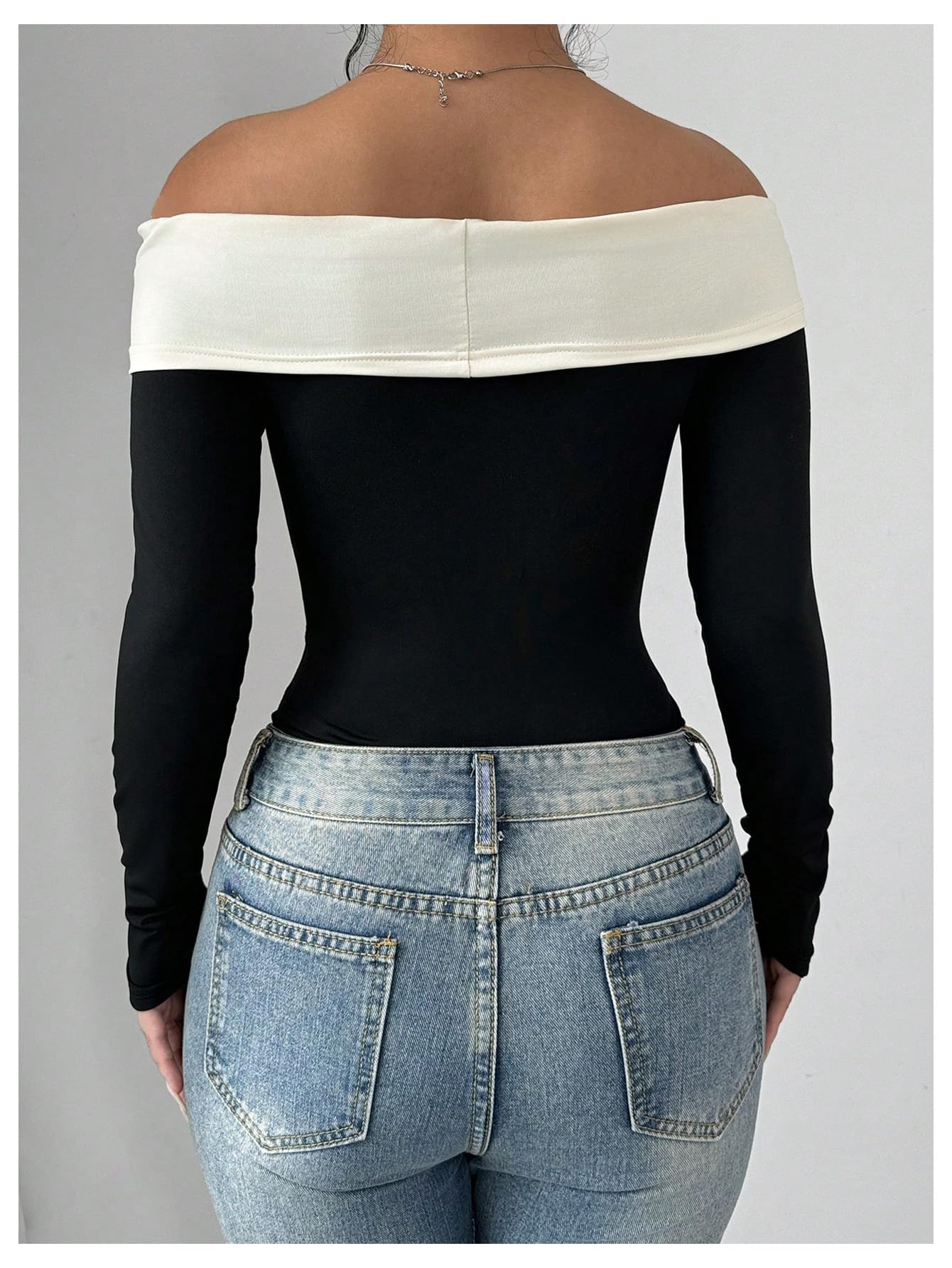 Women's Colorblock Bow Tie Off Shoulder Long Sleeve Bodysuit Elegant Tops