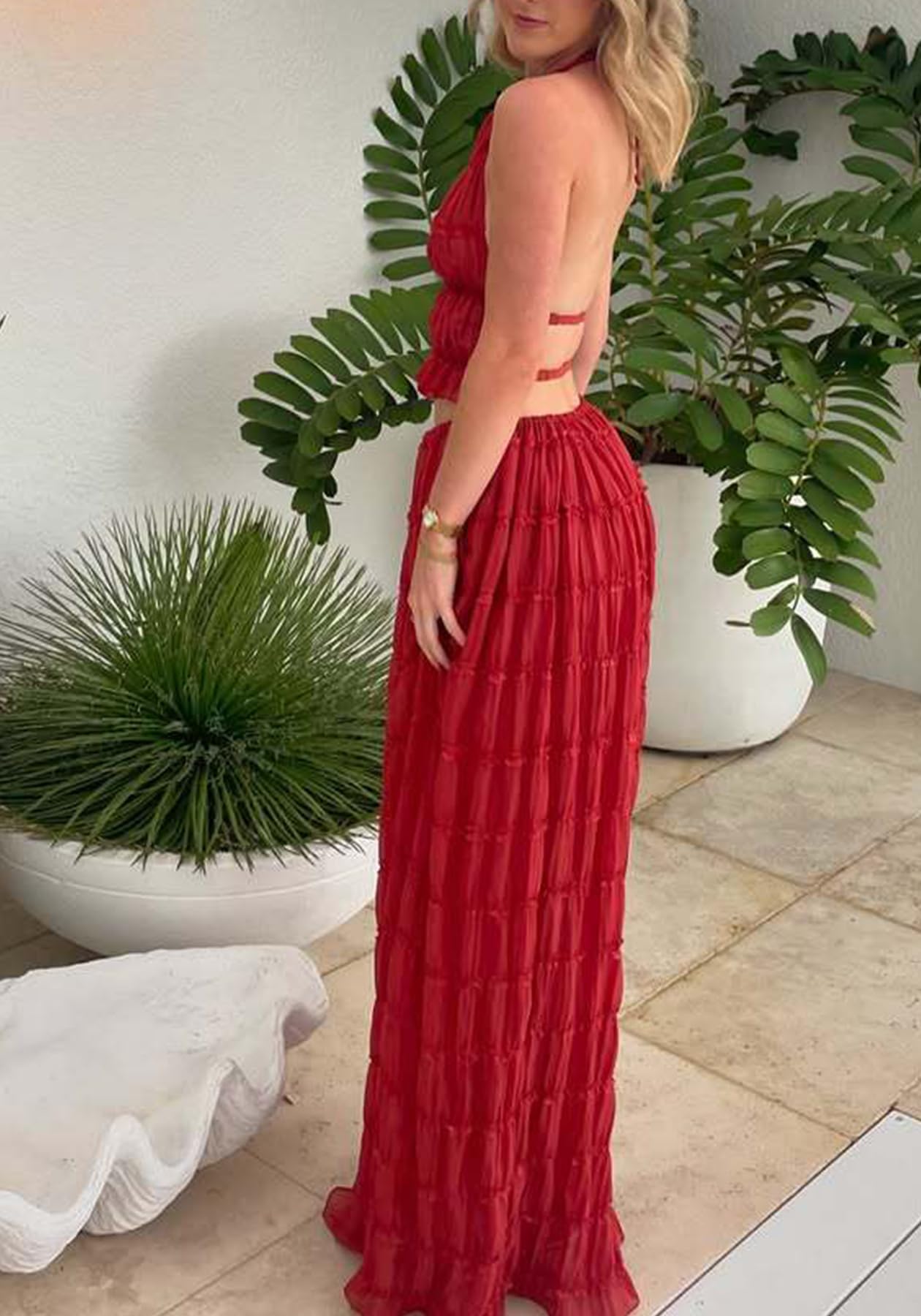 Skirt Sets Women 2 Piece Outfits Backless Halter Top And Pleated Ruffle Flowy Maxi Skirts Y2k Beach Vacation Set